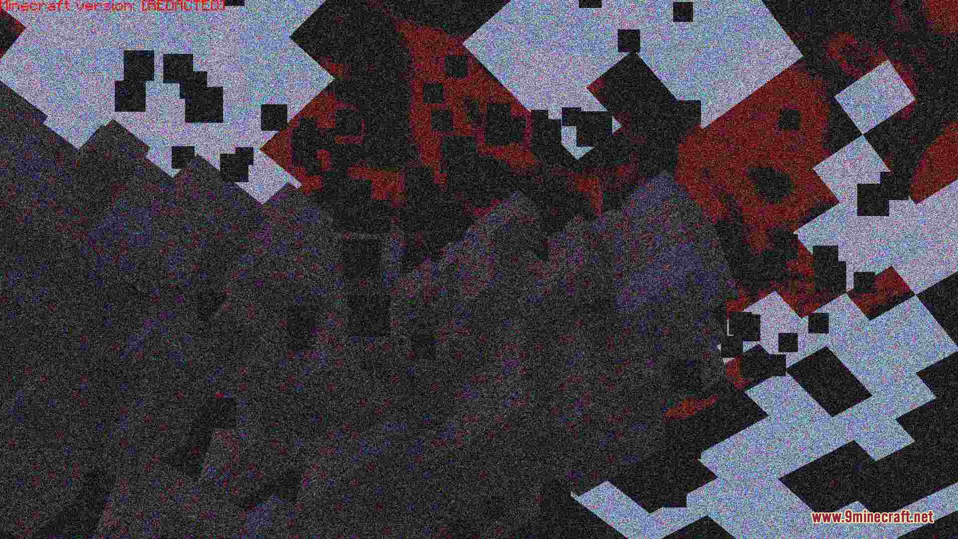 A glitched Minecraft screen displaying static noise and distorted red and black textures