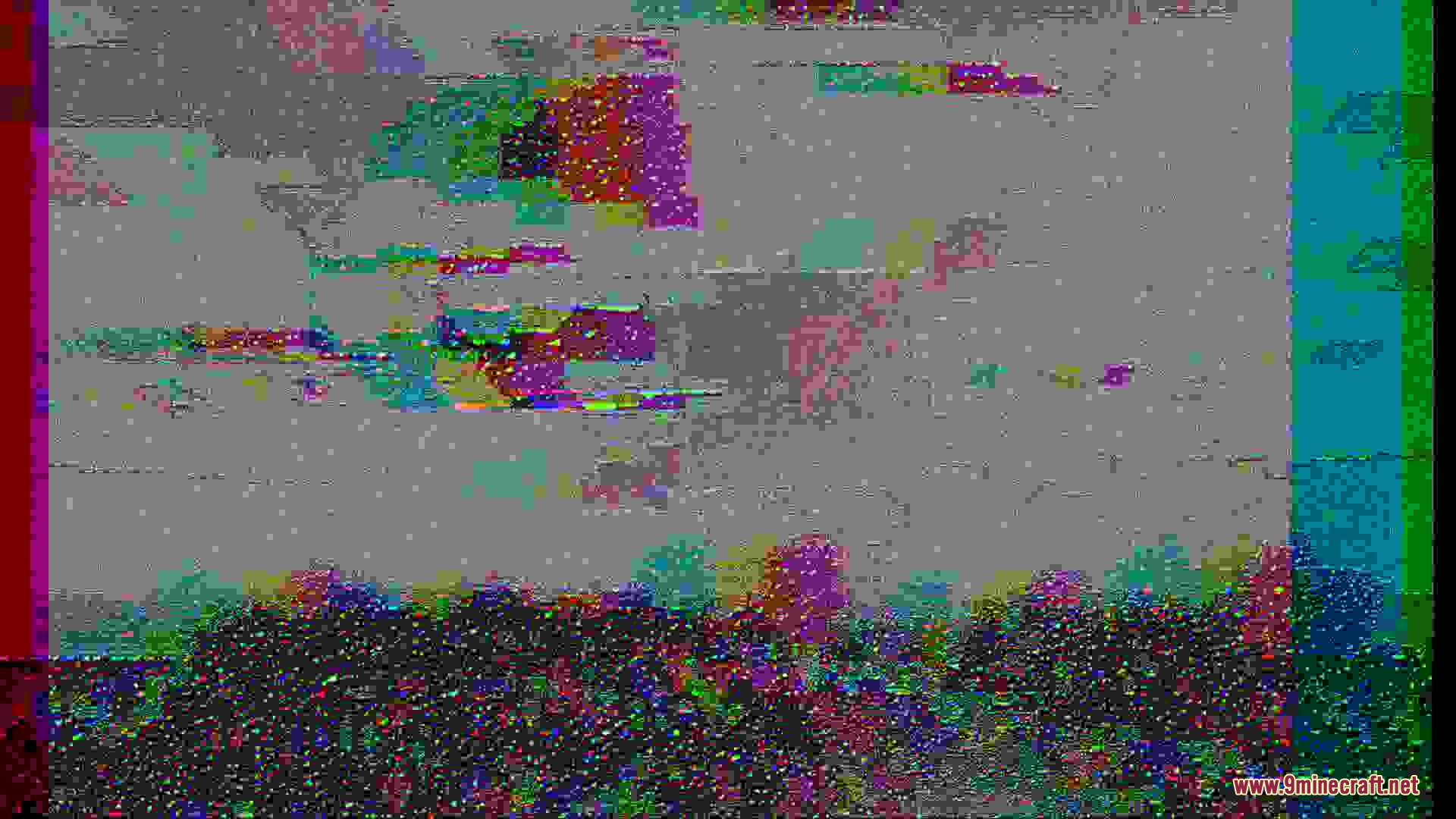 Heavily distorted Minecraft landscape filled with colorful digital noise and glitched blocks