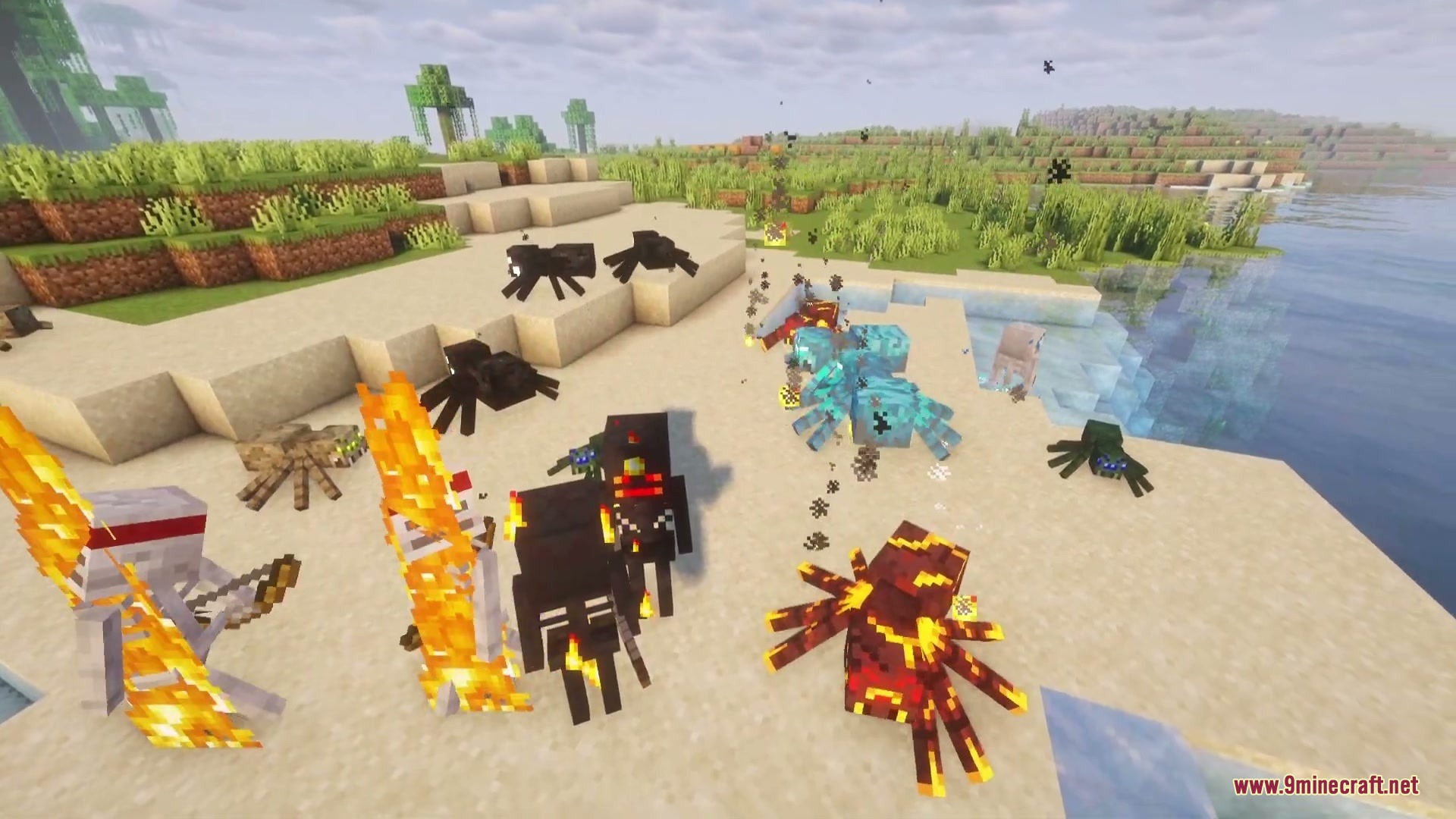 Bizarre Bestiary Altered Mod Screenshot 1 Various elemental spider variants and a skeleton standing on a sandy beach