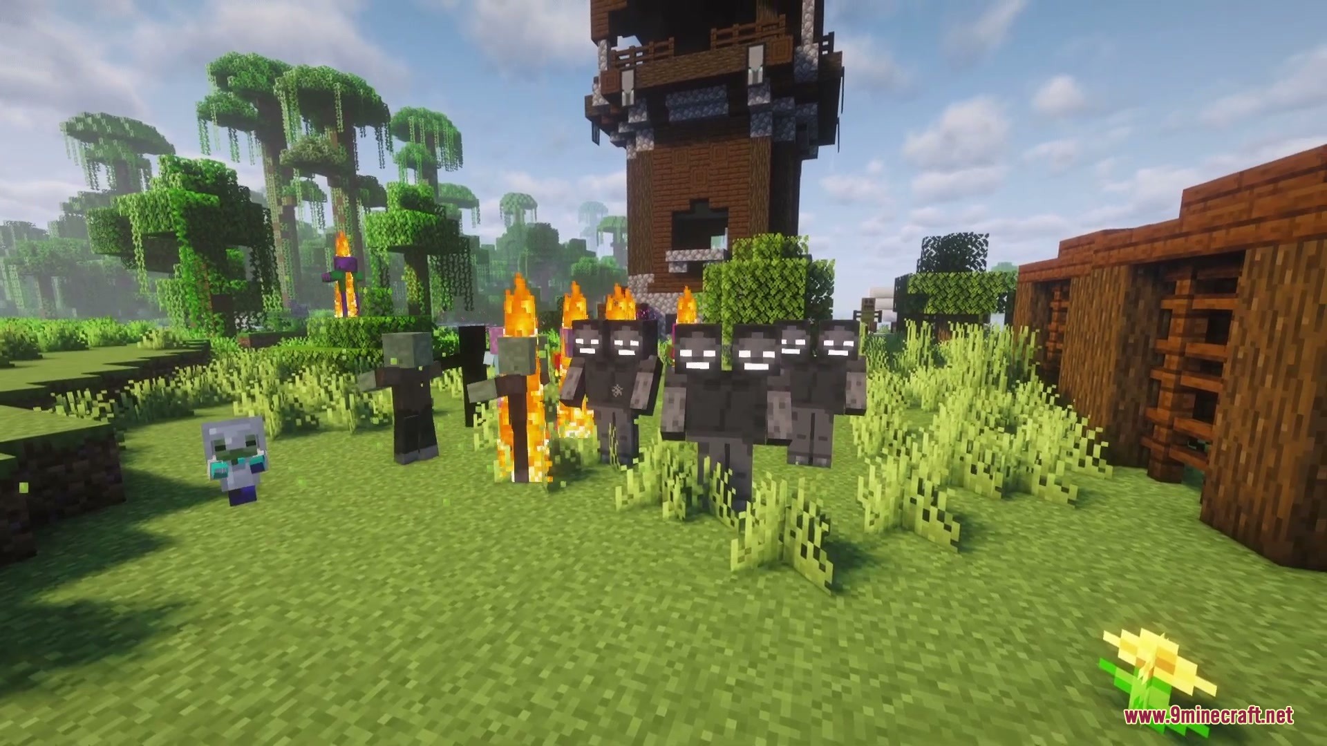 Bizarre Bestiary Altered Mod Screenshot 2 Wither zombie variants and a baby zombie standing near a pillager outpost
