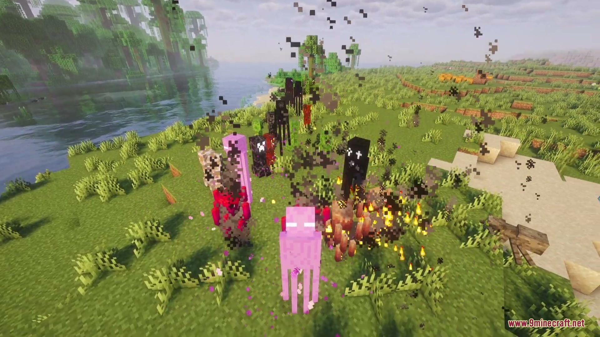 Bizarre Bestiary Altered Mod Screenshot 3 Colorful Enderman variants with unique patterns standing near a river in Minecraft