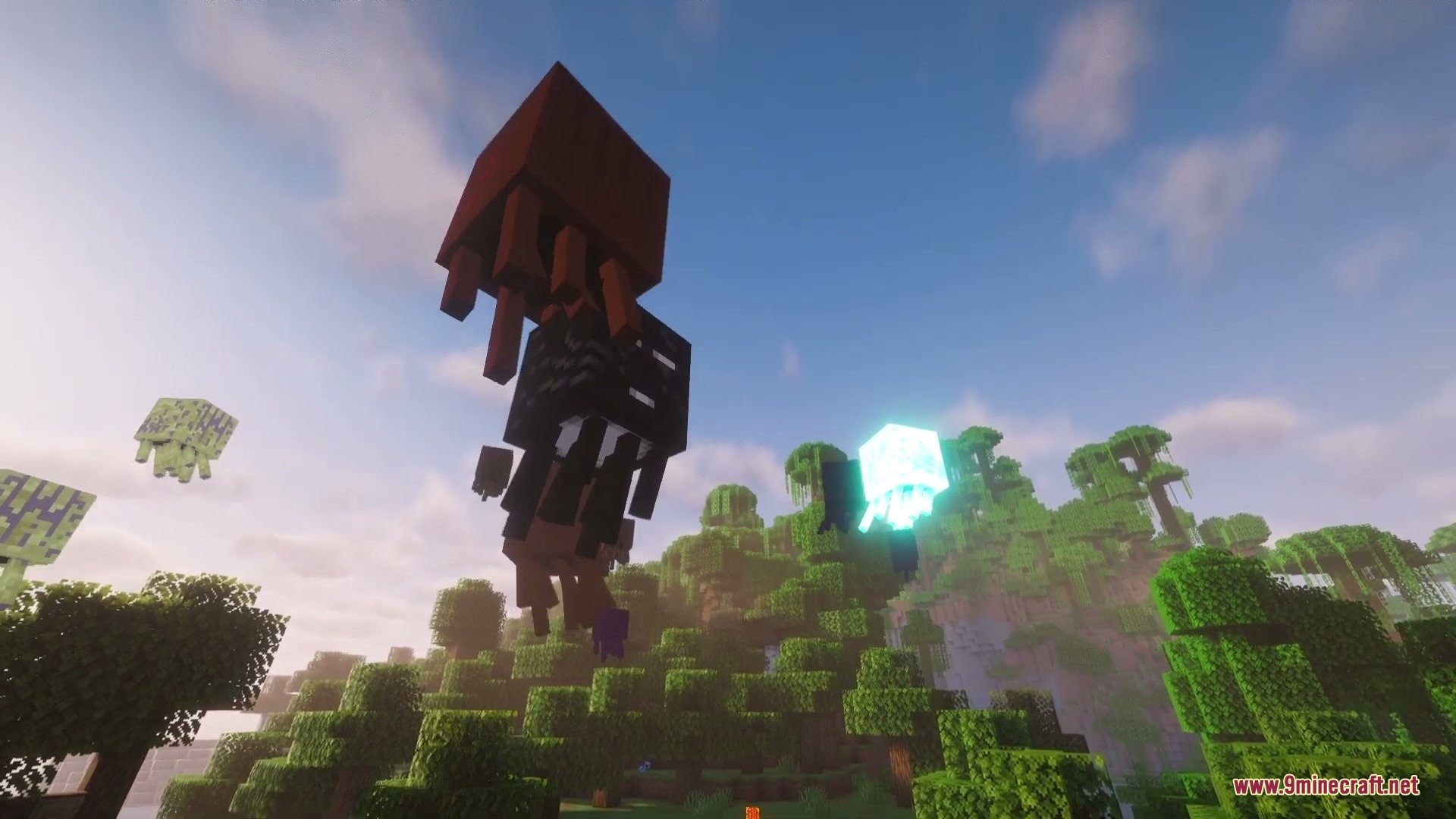 Bizarre Bestiary Altered Mod Screenshot 6 Different colored ghast variants floating high above a lush green jungle biome