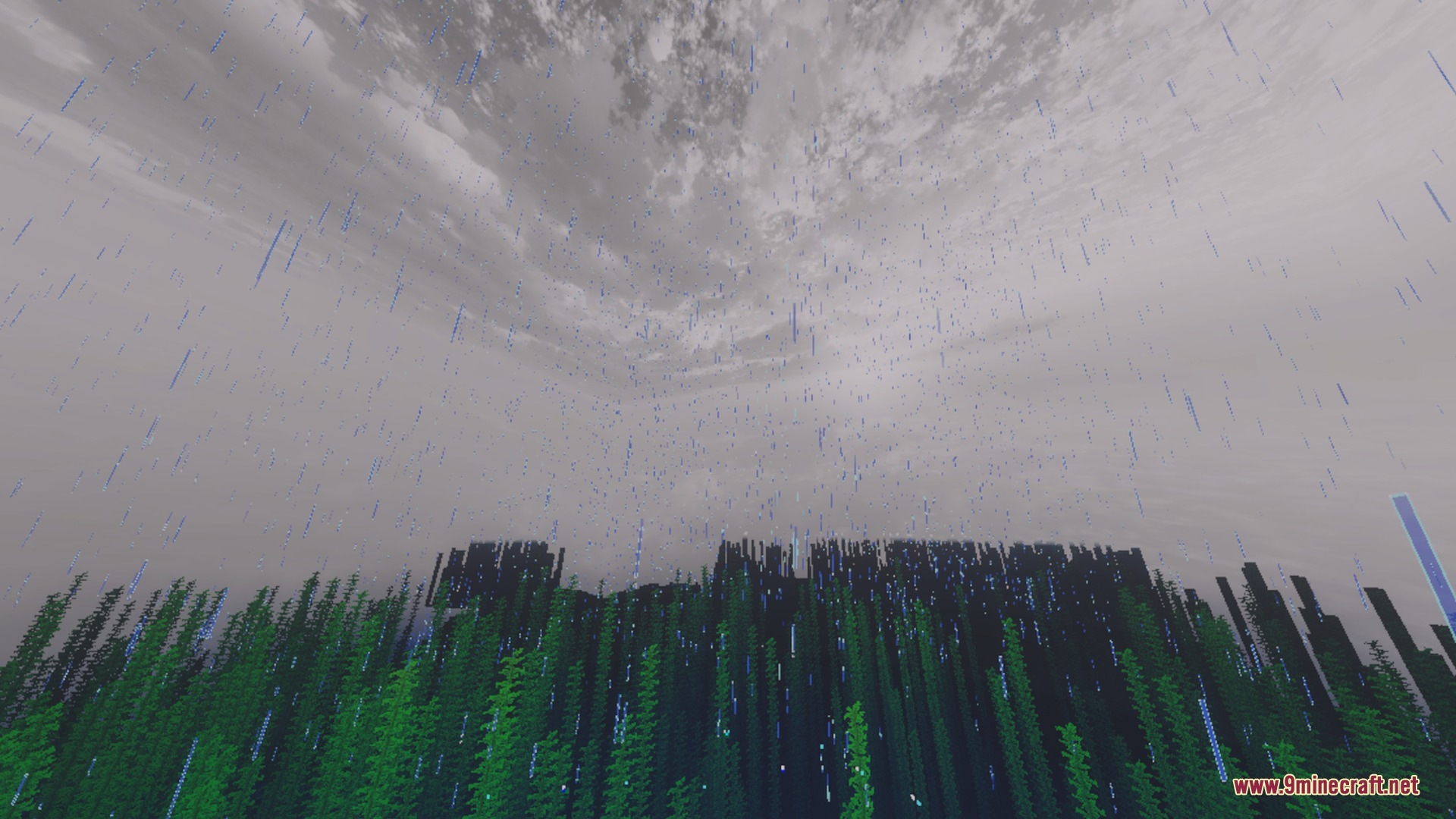 Rain falling from a detailed grey sky over lush green underwater plants