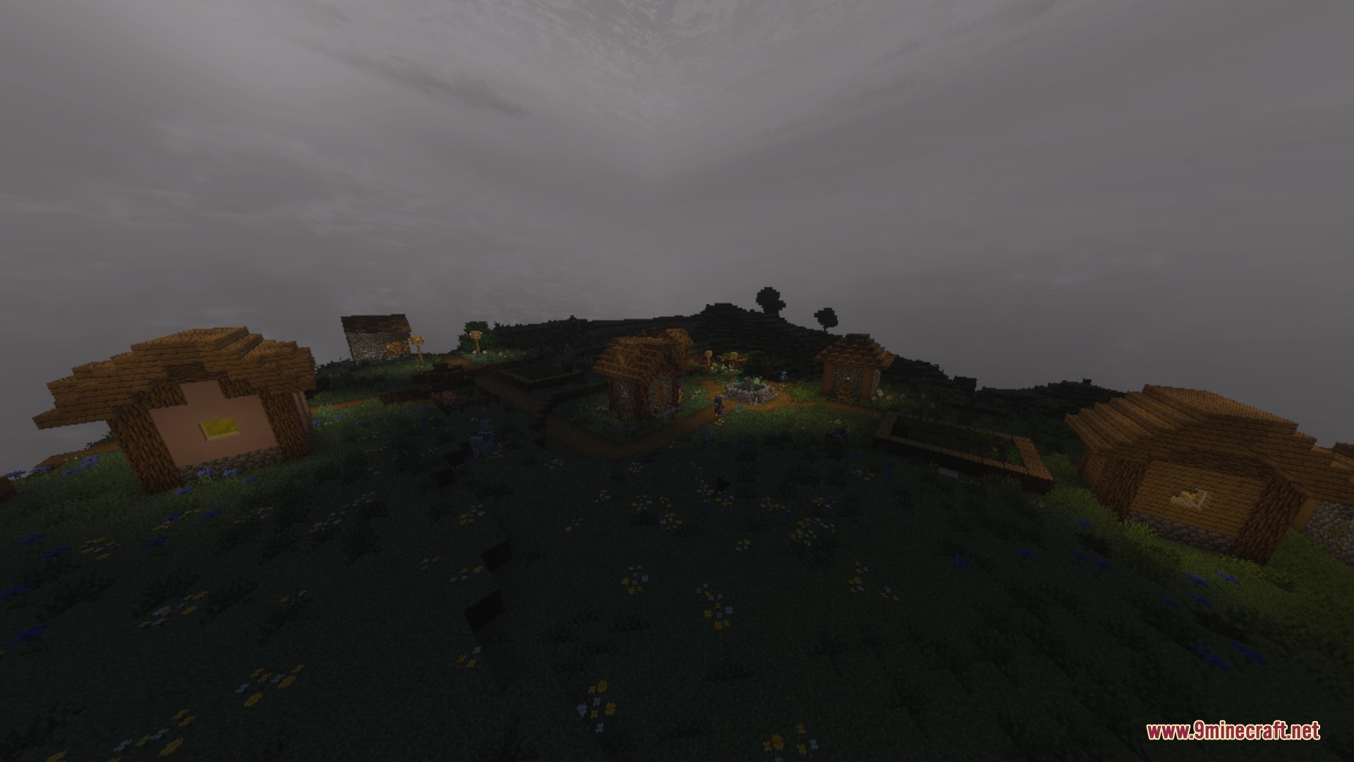 A peaceful village at night under a clean and minimal grey sky