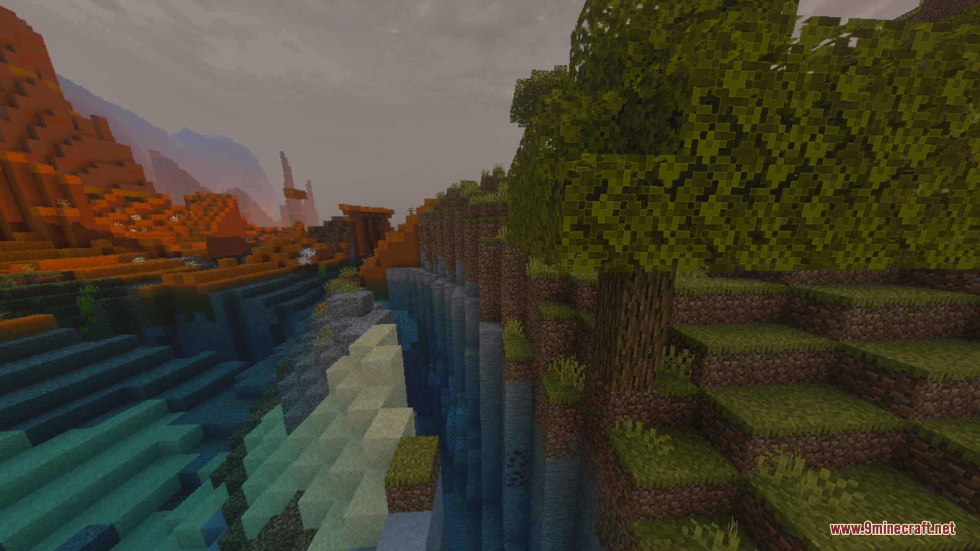 A scenic Minecraft landscape featuring a river and a custom cloudy sky