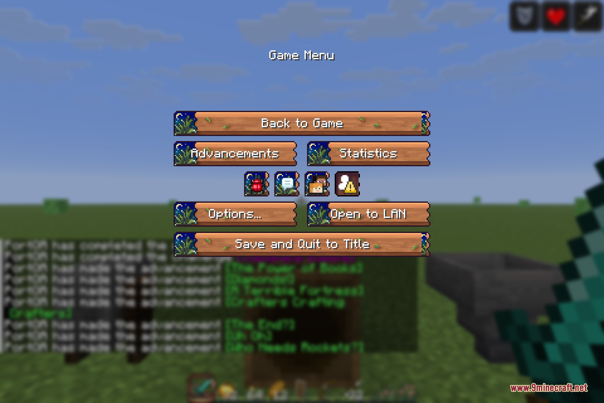 The pause menu with the pack's carved buttons