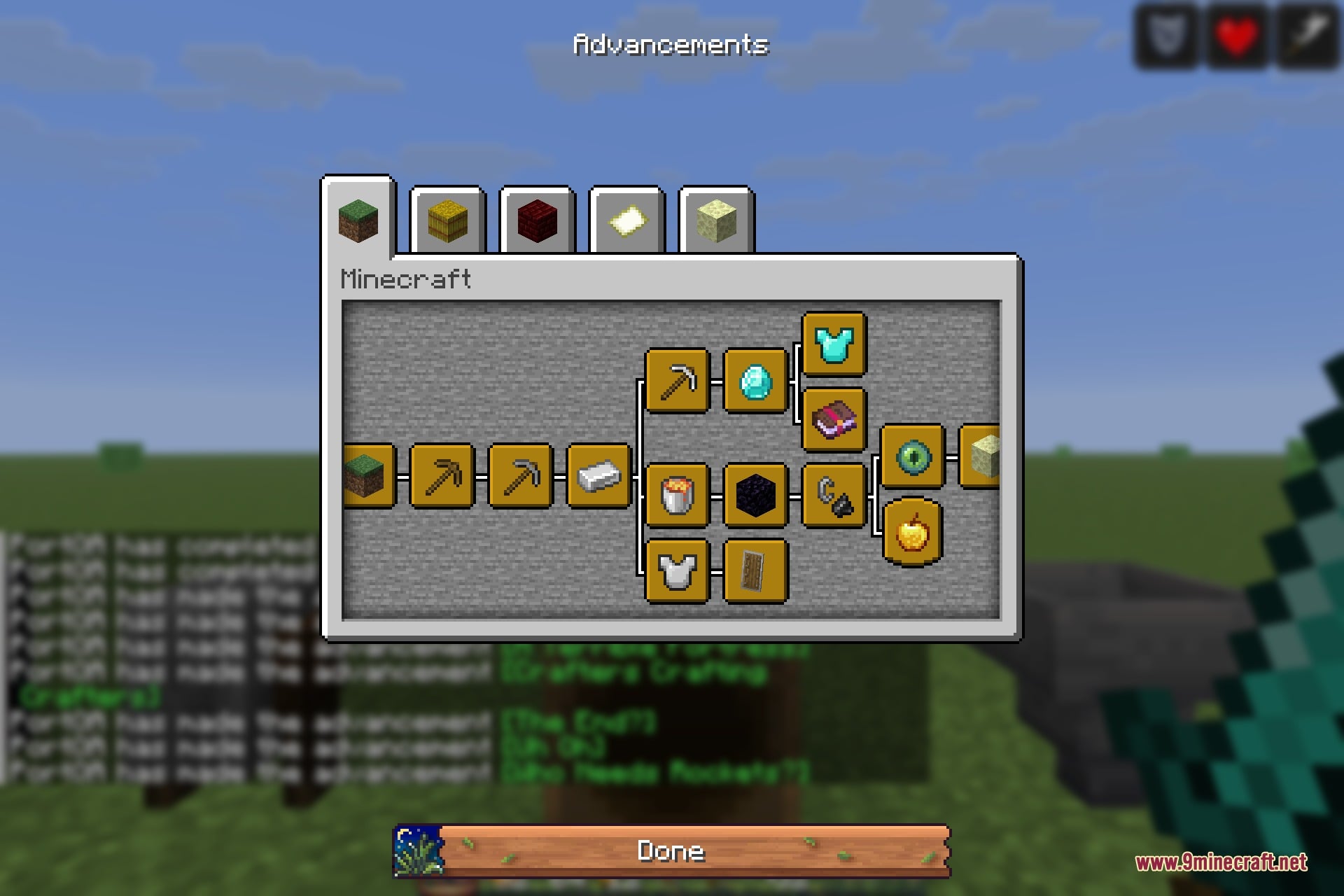 The advancements screen using the pack's frames