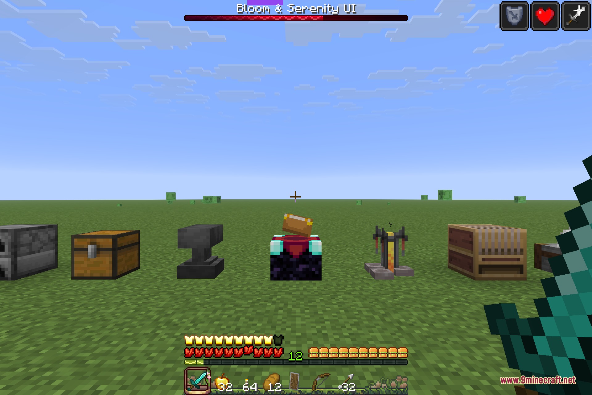 The in-game HUD with the repainted hearts, armour, hunger and hotbar