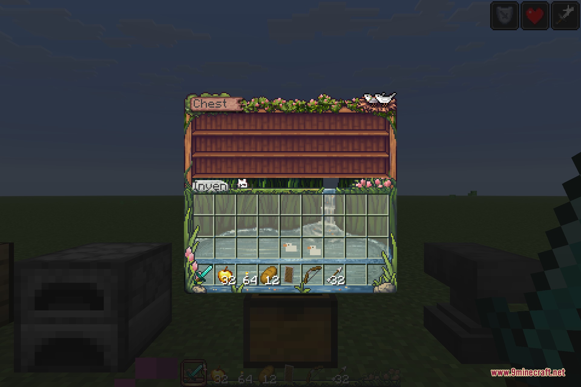 A chest screen with the pack's shelf and flower artwork