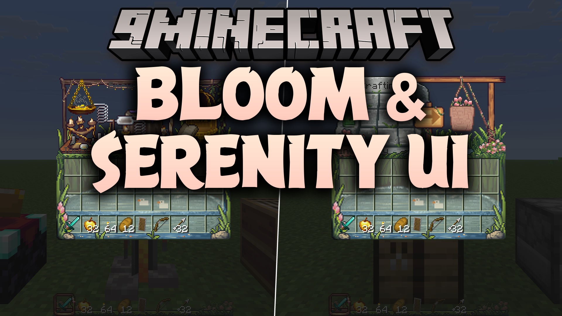 Bloom and Serenity UI repaints every Minecraft menu and container screen as a hand-drawn scene full of stone, water and flowers