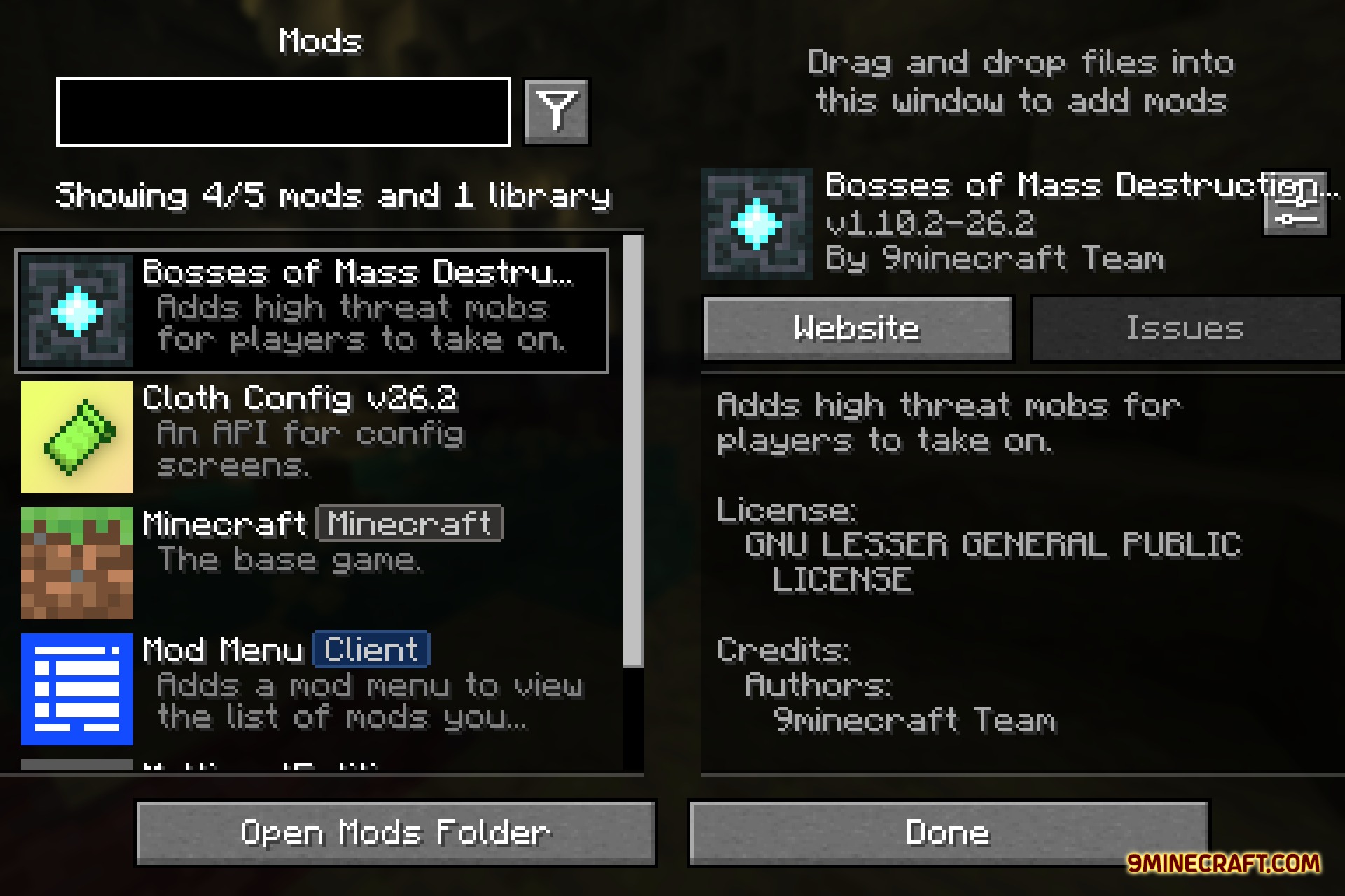 Bosses of Mass Destruction 9minecraft Mod Screenshot 1 Minecraft mod menu screen showing the Bosses of Mass Destruction mod details