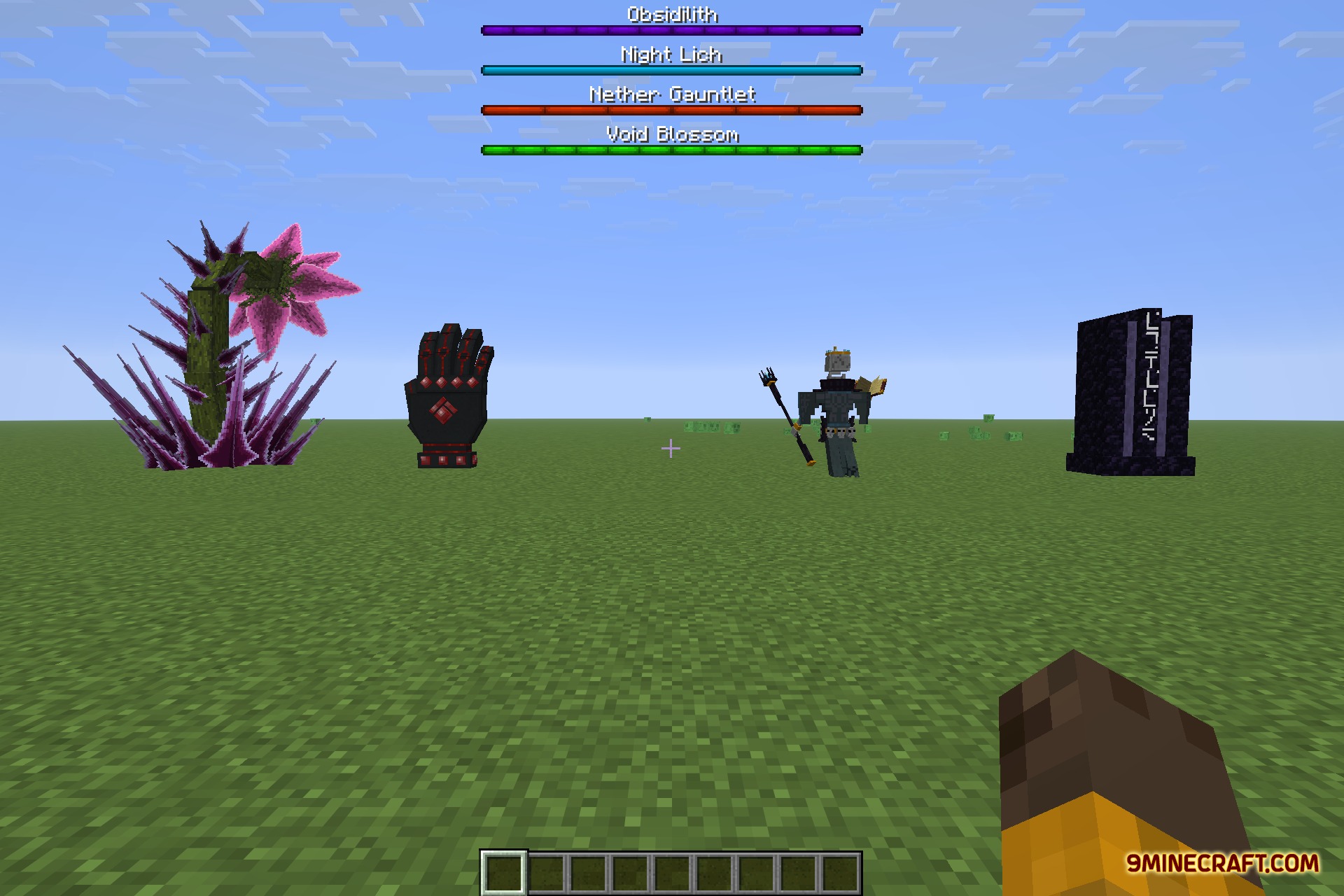 Bosses of Mass Destruction 9minecraft Mod Screenshot 2 Four custom boss mobs standing in a field with their health bars visible