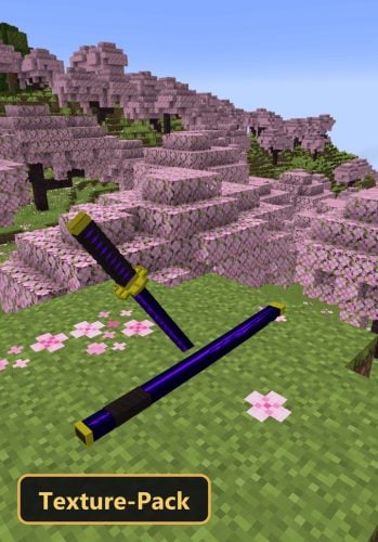 purple katana and scabbard on grass in a cherry blossom biome