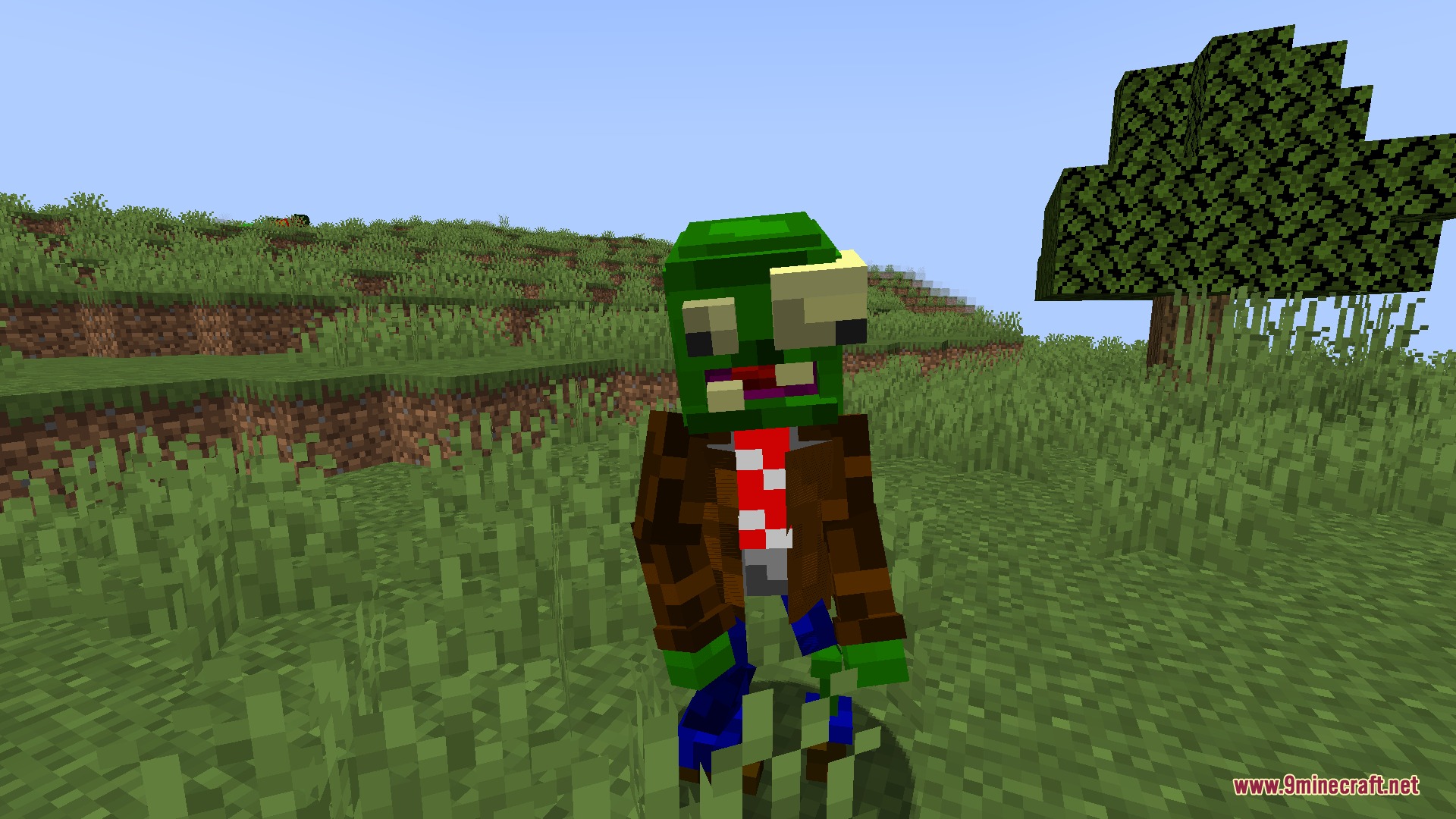 Botanical Siege Mastery Mod Screenshot 2 A custom zombie mob wearing a brown jacket and red tie in Minecraft