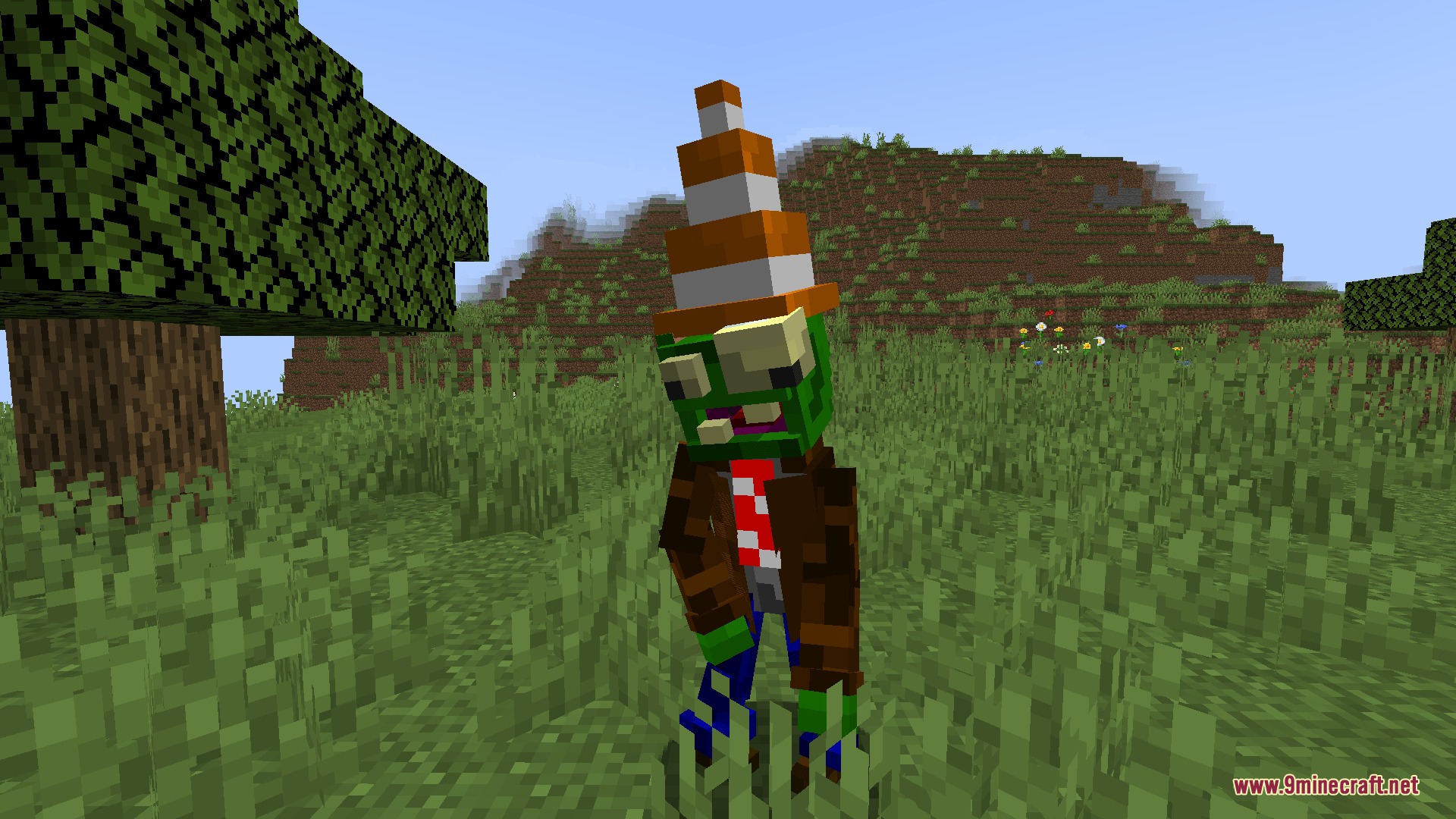 Botanical Siege Mastery Mod Screenshot 3 A green zombie wearing an orange traffic cone stands in a grassy field