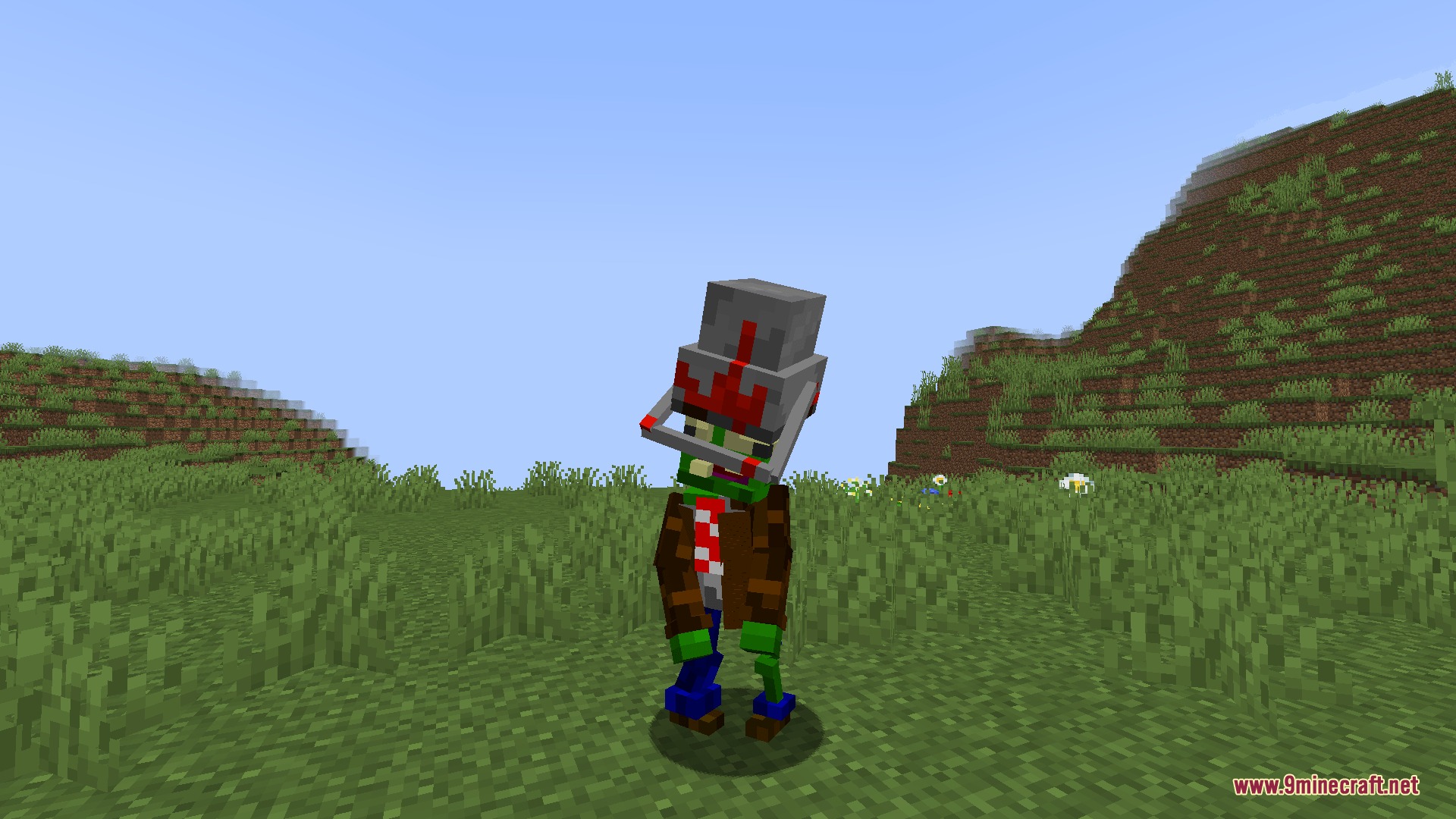 Botanical Siege Mastery Mod Screenshot 4 A Minecraft zombie wearing a metal bucket on its head in the hills