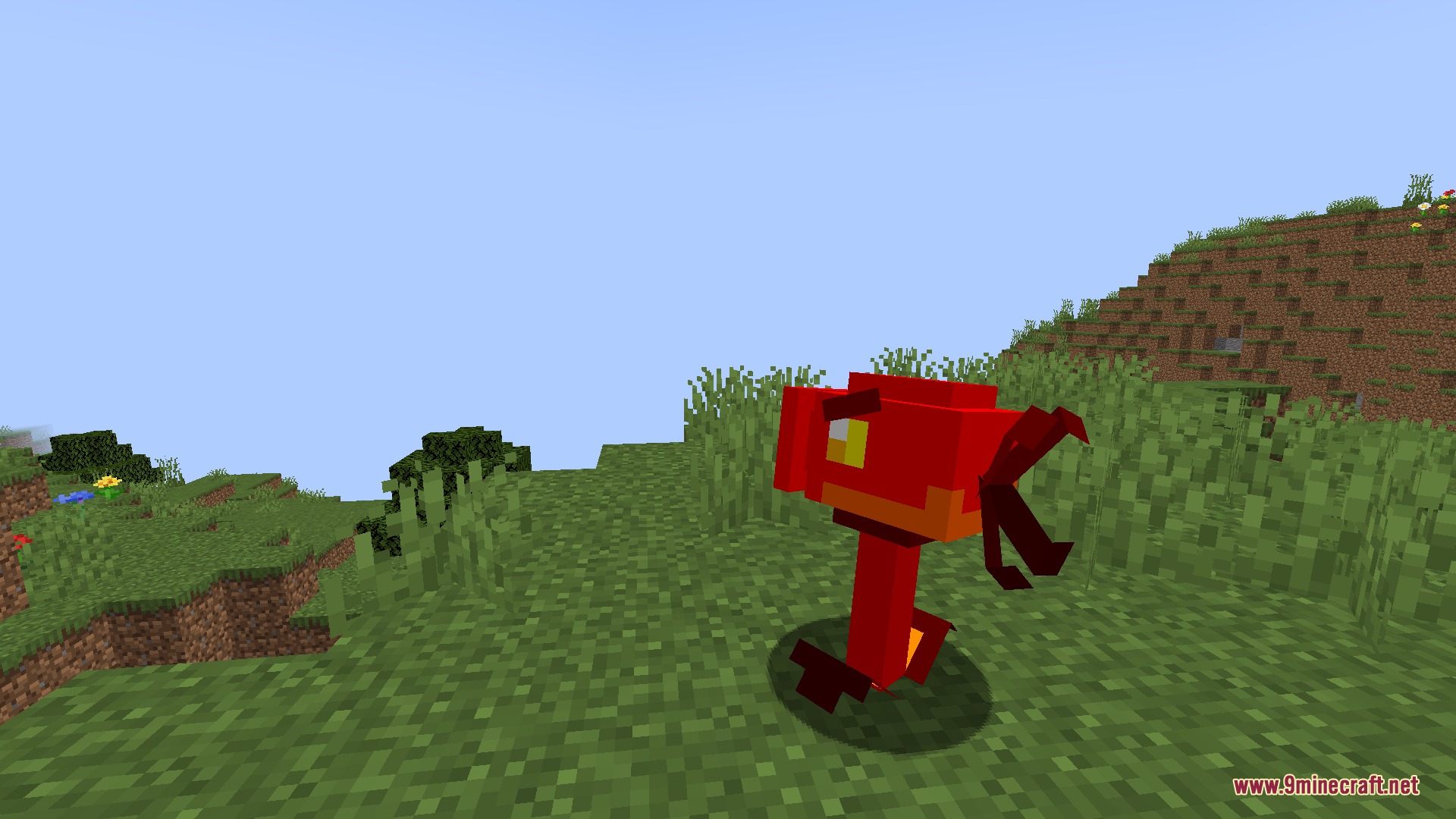 Botanical Siege Mastery Mod Screenshot 7 A red fire peashooter plant stands in a grassy field in Minecraft