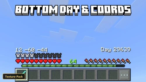 Clear sky, showing health, hunger, and coordinates at bottom