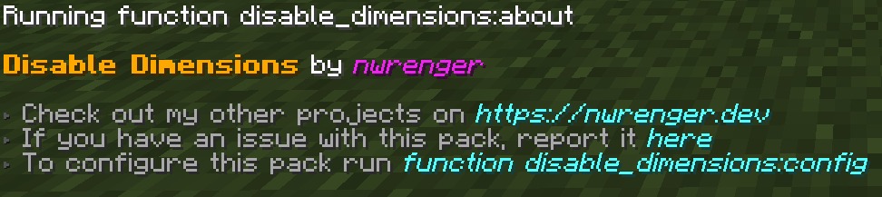 Boundless Realm Lockdown Data Pack Screenshot 7 Minecraft chat screen showing the about section for a dimension control pack