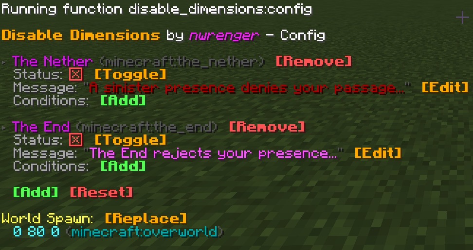 Boundless Realm Lockdown Data Pack Screenshot 8 Interactive menu in Minecraft chat for configuring dimension access and world spawn