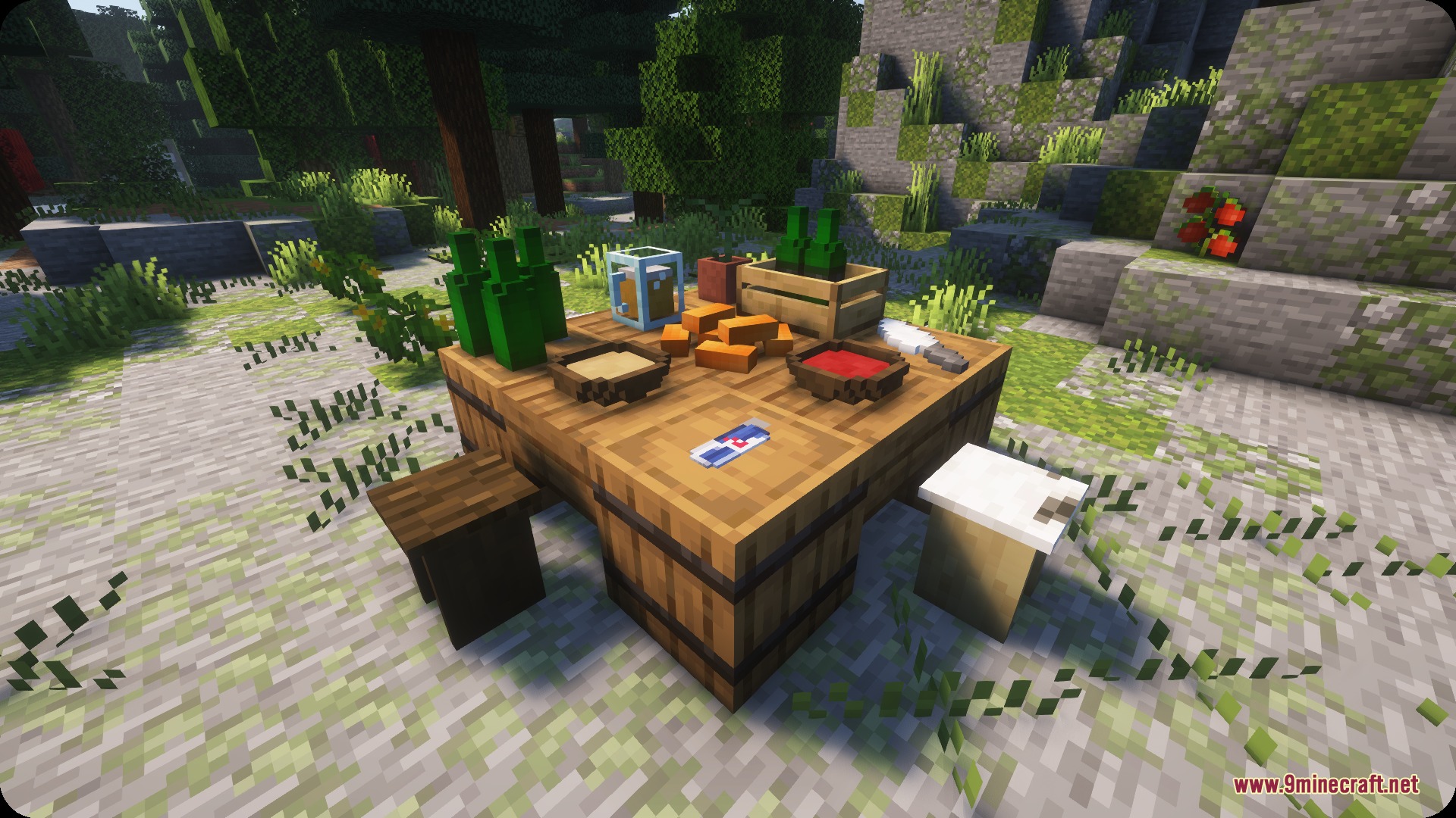 Bountiful Bistro Table Mod Screenshot 1 A wooden table with food items from the Bountiful Bistro Table Mod
