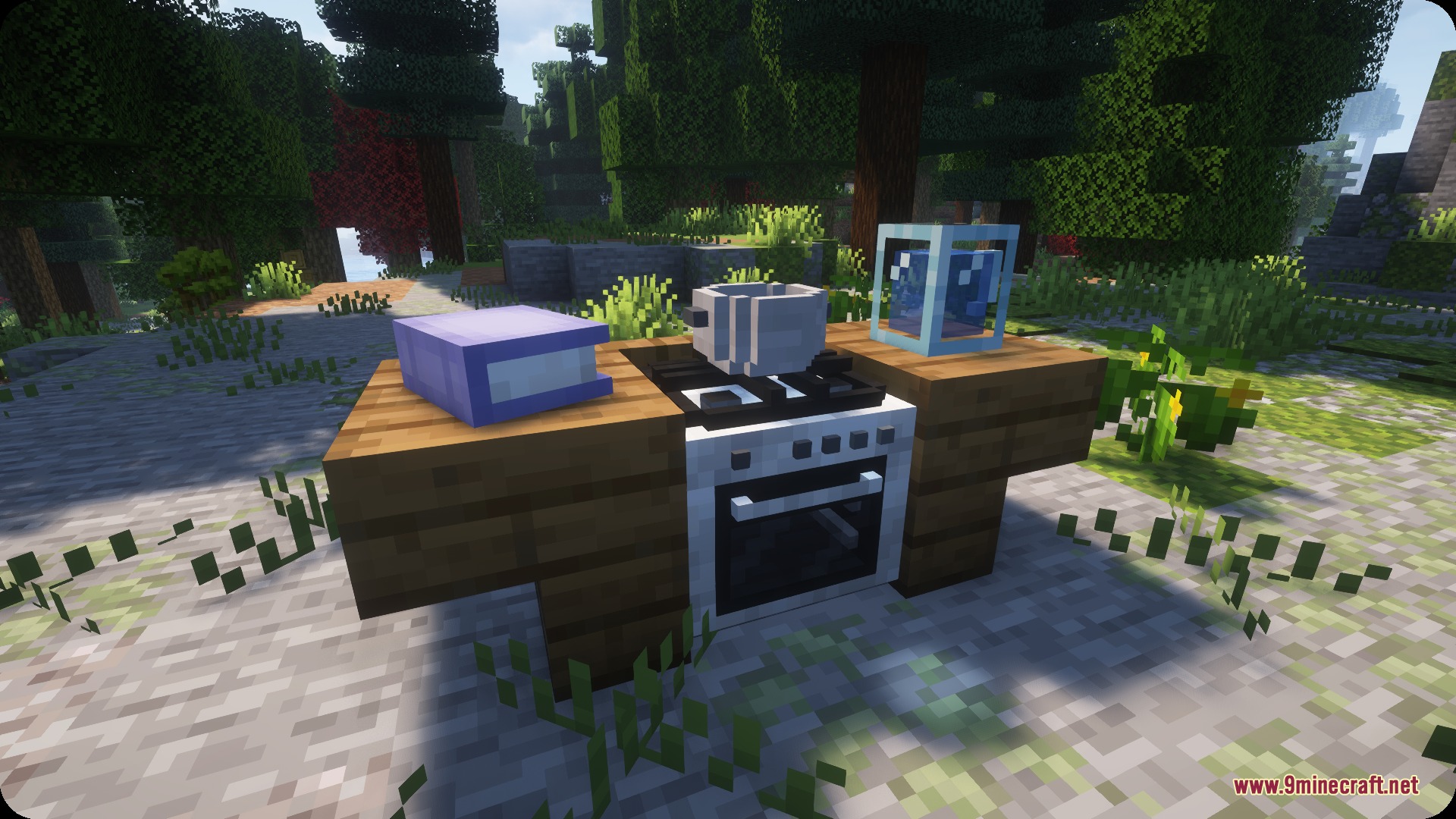 Bountiful Bistro Table Mod Screenshot 2 A functional gas stove and cookbook placed on wooden kitchen counters outdoors