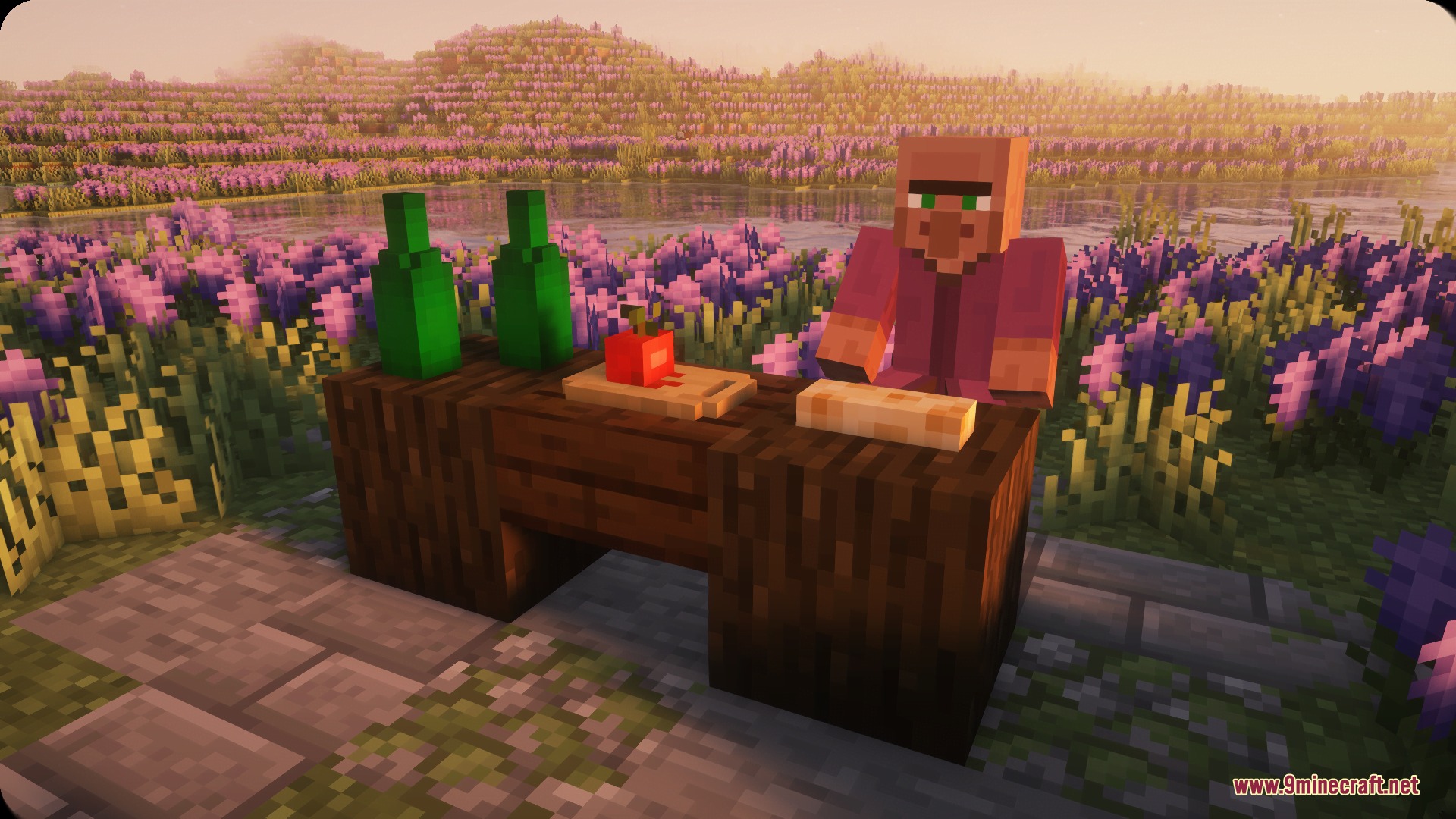 Bountiful Bistro Table Mod Screenshot 4 Villager preparing food at a wooden counter in a field of purple flowers