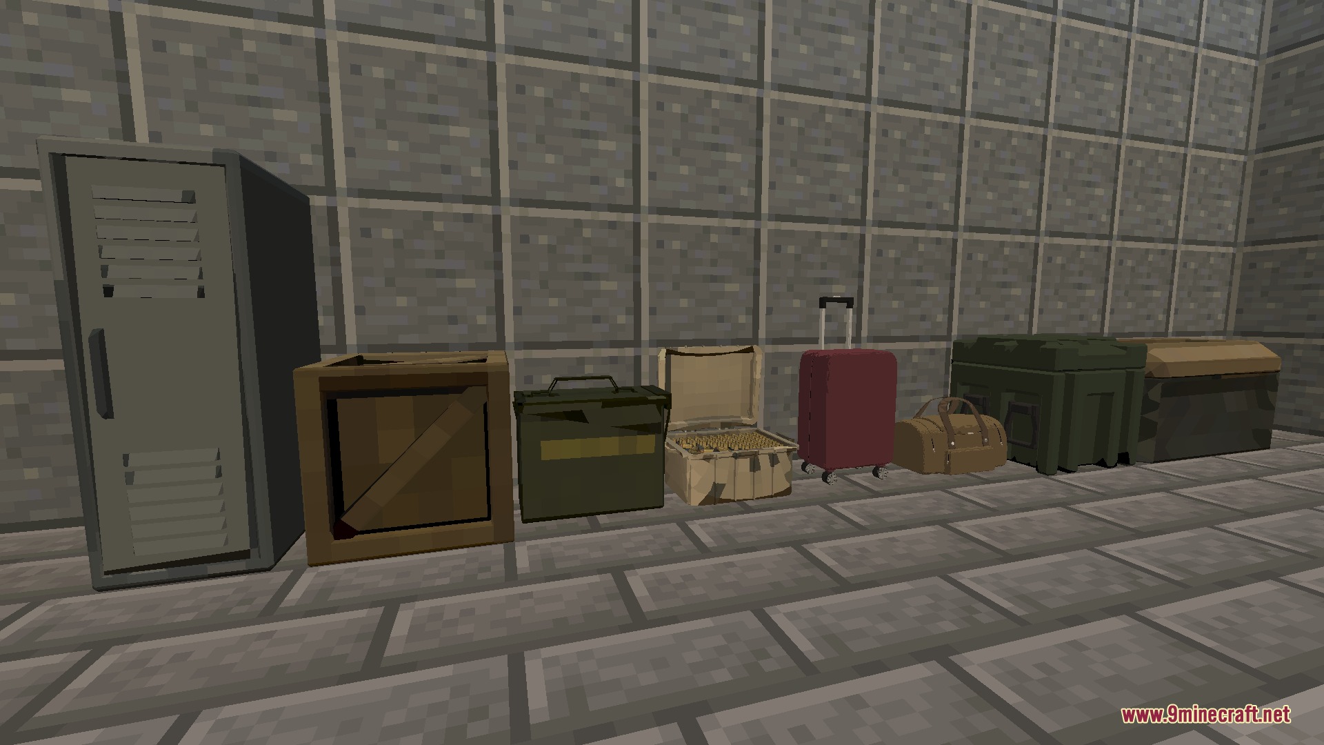 Various themed storage containers like lockers and suitcases lined up against a wall