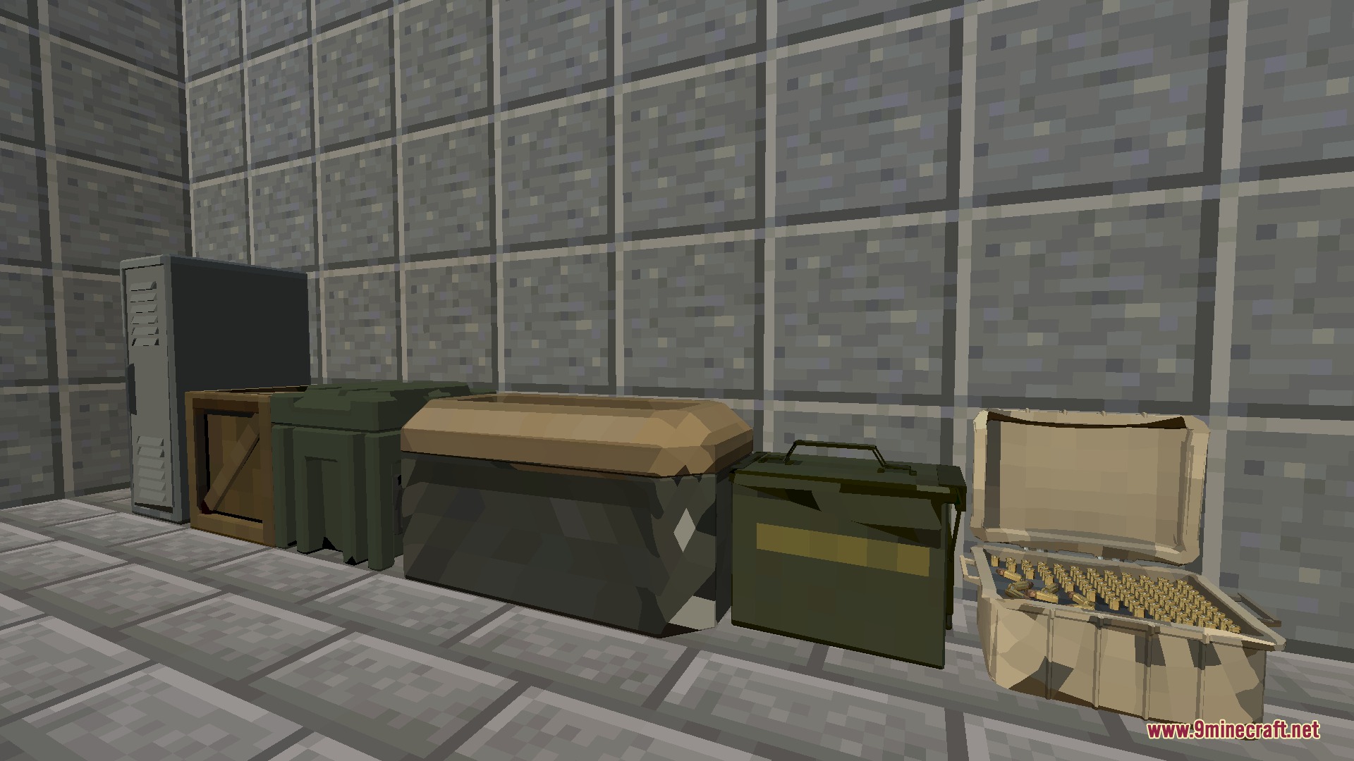 Various themed loot containers from Bounty Weaver Mod lined up against a wall