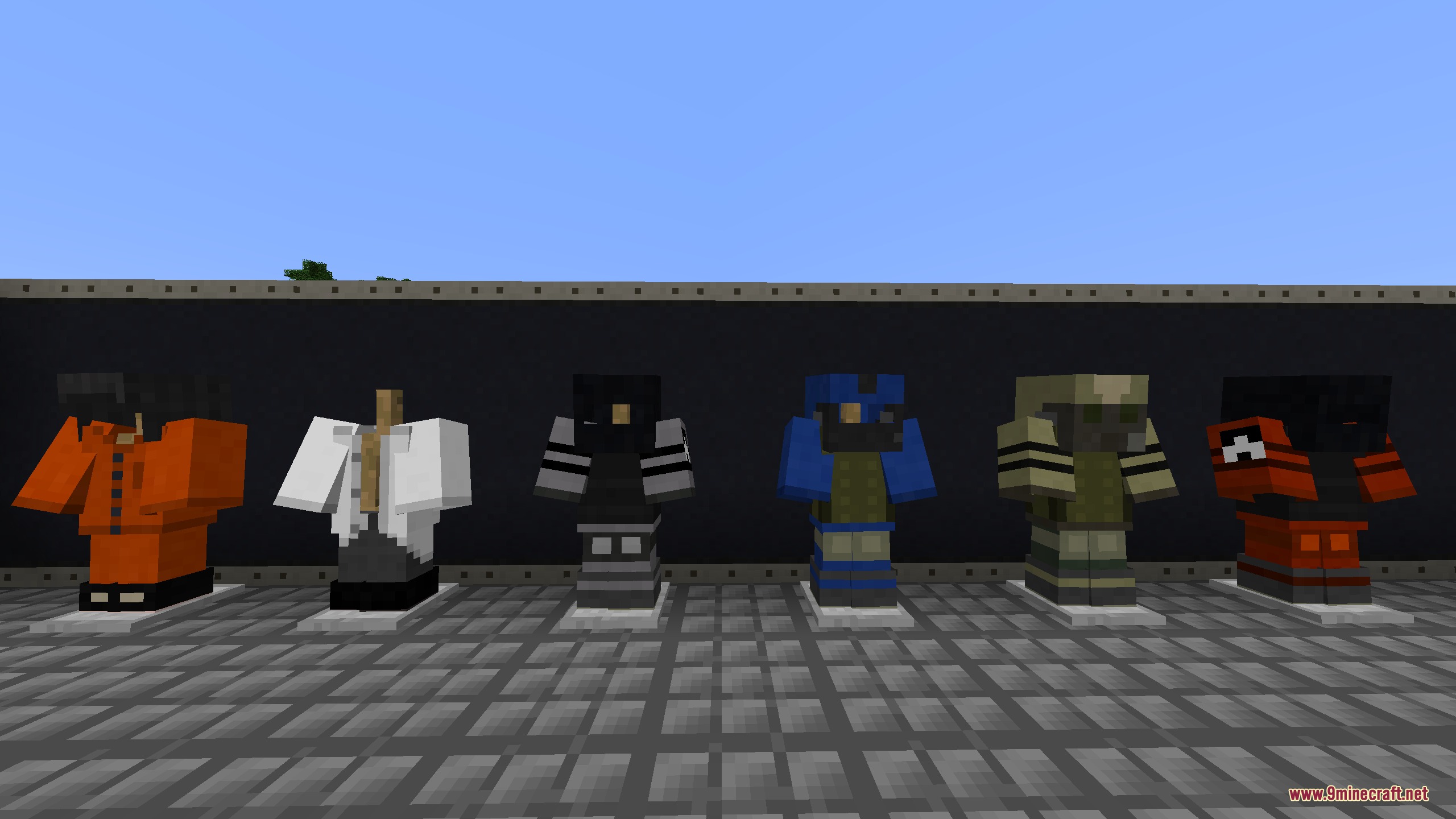 Breach Protocol Decor Mod Screenshot 6 Laboratory outfits and security uniforms displayed on several armor stands