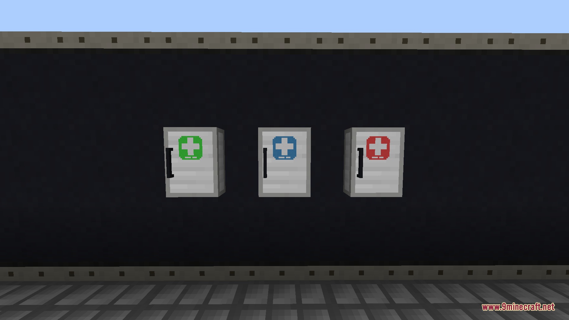 Breach Protocol Decor Mod Screenshot 7 Three medical lockers with green blue and red crosses on a dark wall