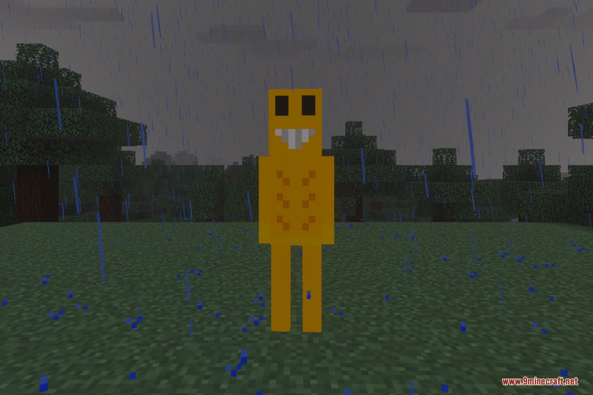 A yellow blocky entity with a simple face standing in rain