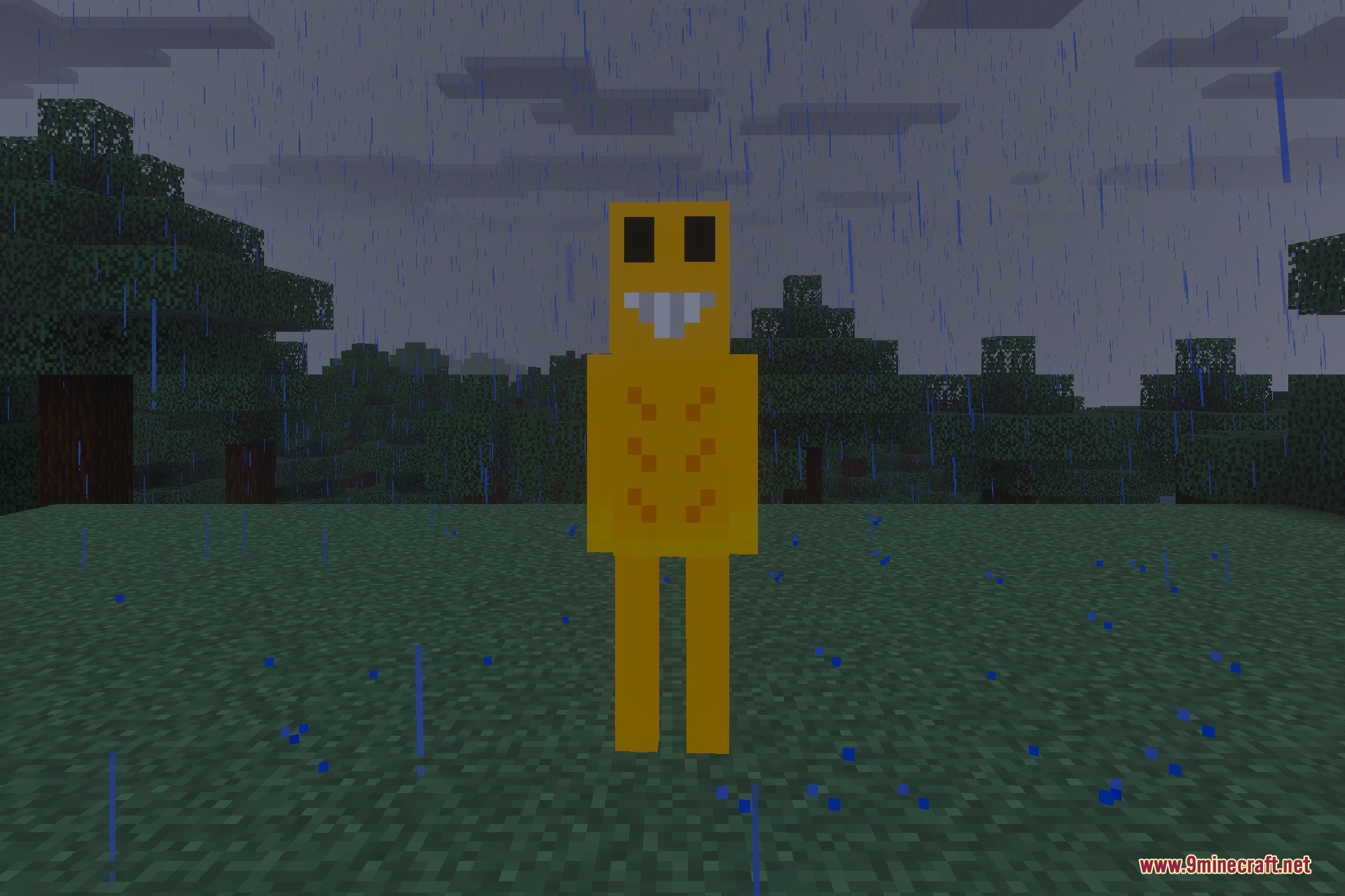 The yellow Verity entity stands in a field during a rainstorm