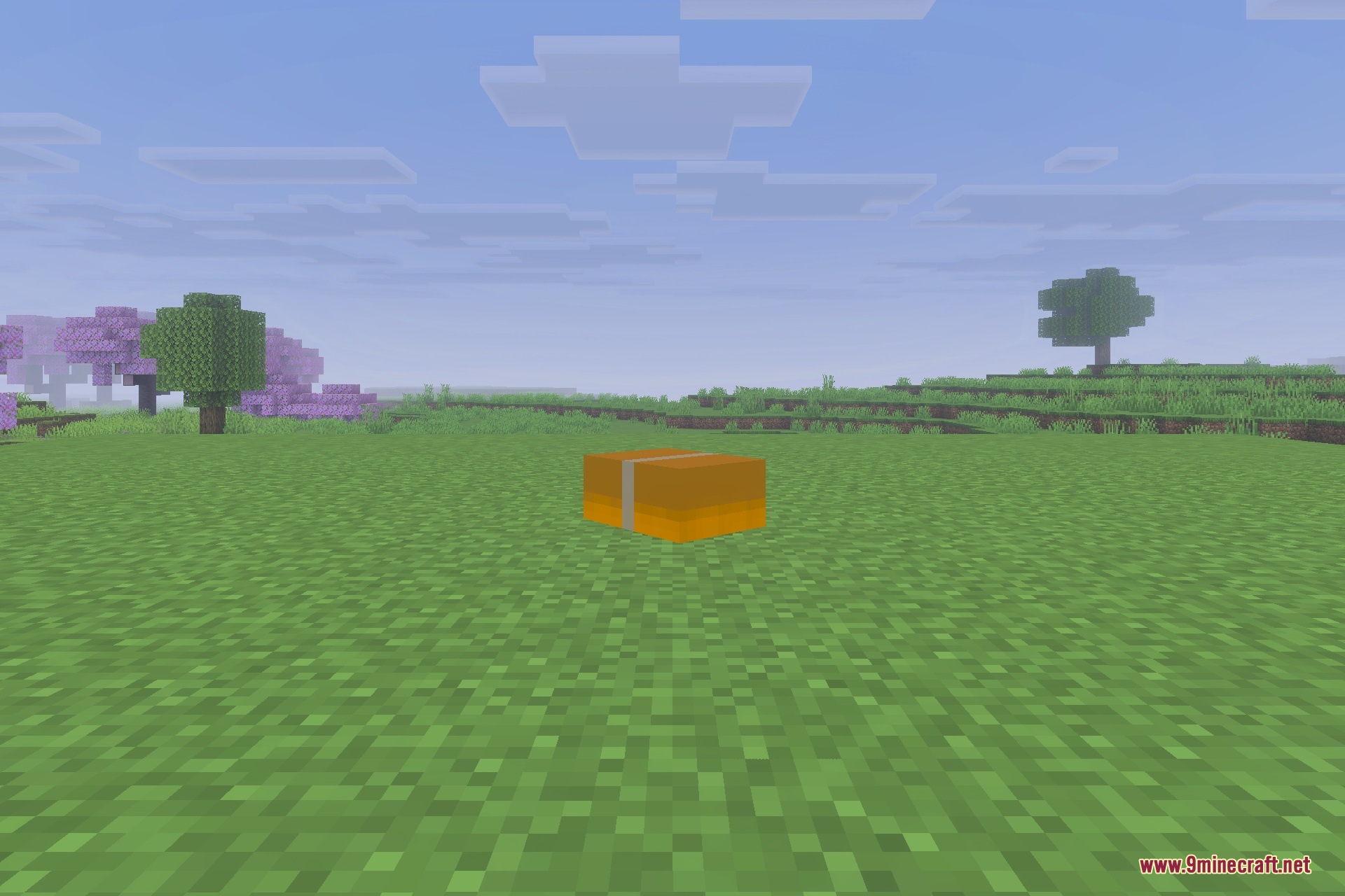 A small orange Verity entity resting on a grassy plain in Minecraft