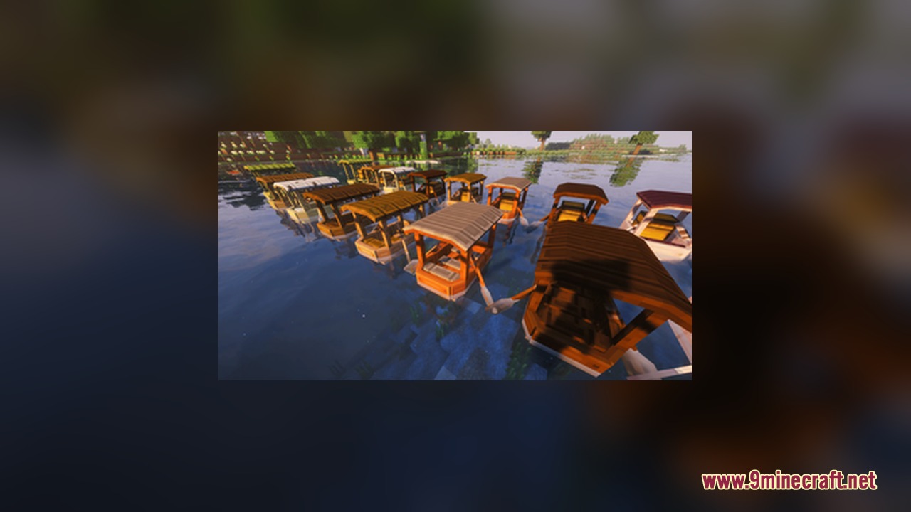CUTE AND BETTER BOATS Resource Pack Screenshot 3 Several Minecraft boats with custom wooden roofs floating on a calm lake surface