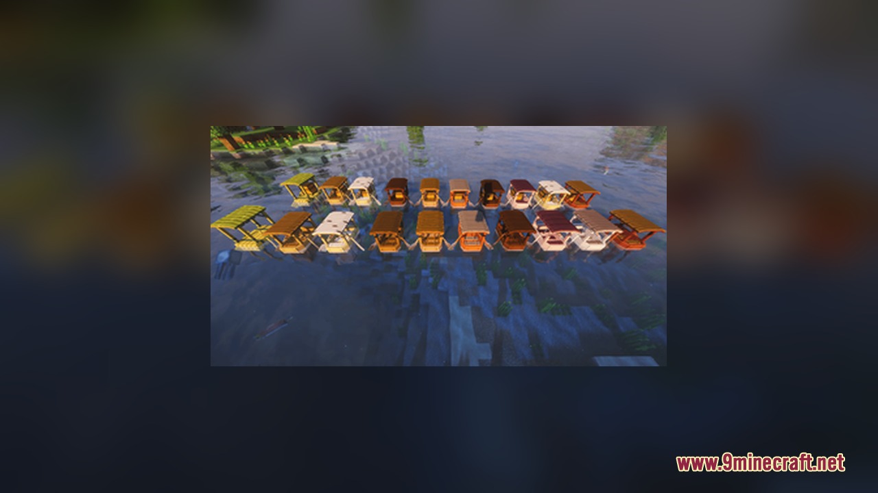 CUTE AND BETTER BOATS Resource Pack Screenshot 4 A wide variety of colorful boats with wooden roofs lined up on water