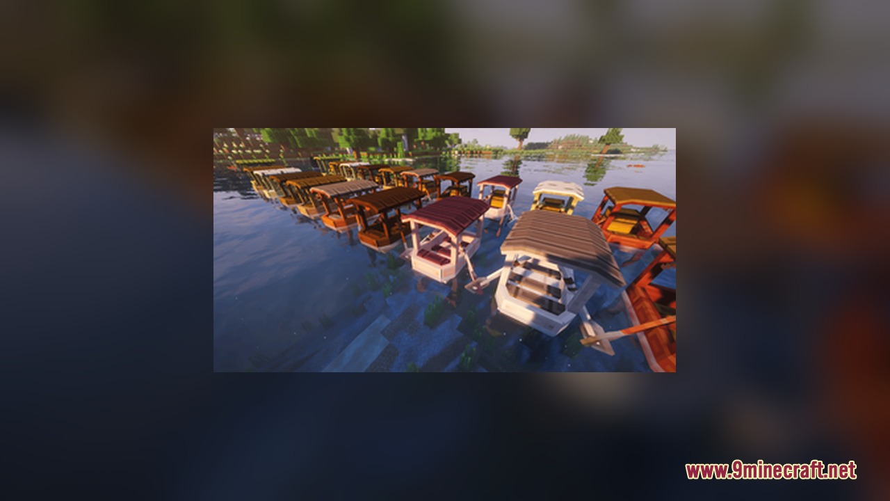 CUTE AND BETTER BOATS Resource Pack Screenshot 6 Various wooden boats with custom roofs are lined up on the water
