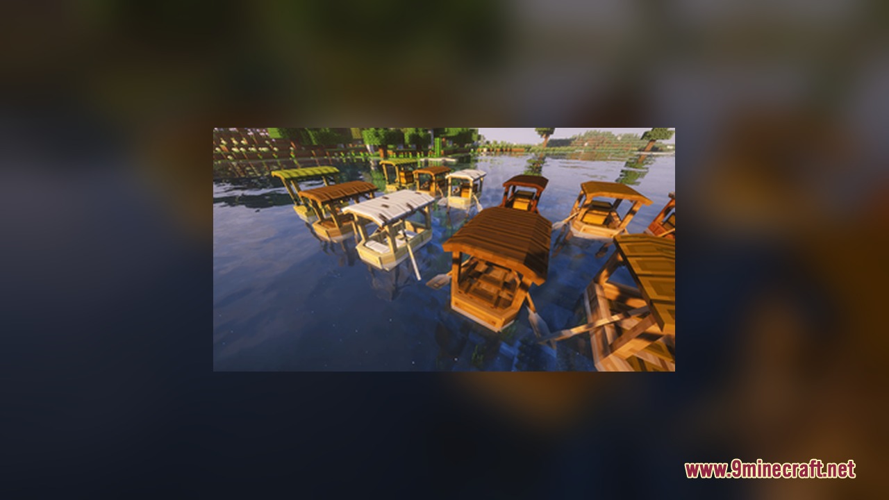 CUTE AND BETTER BOATS Resource Pack Screenshot 8 Multiple wooden boats with roofs floating together in a peaceful lake environment