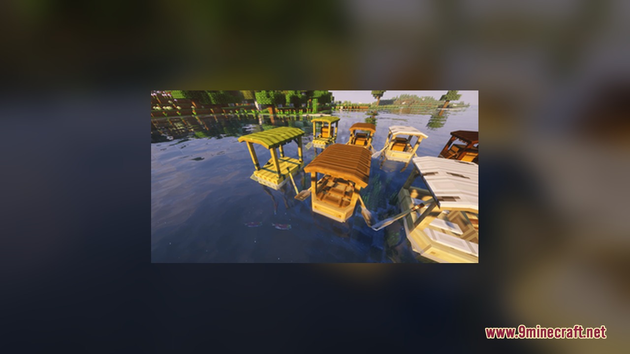 CUTE AND BETTER BOATS Resource Pack Screenshot 9 Various wooden boats with small roofs floating together on the water surface
