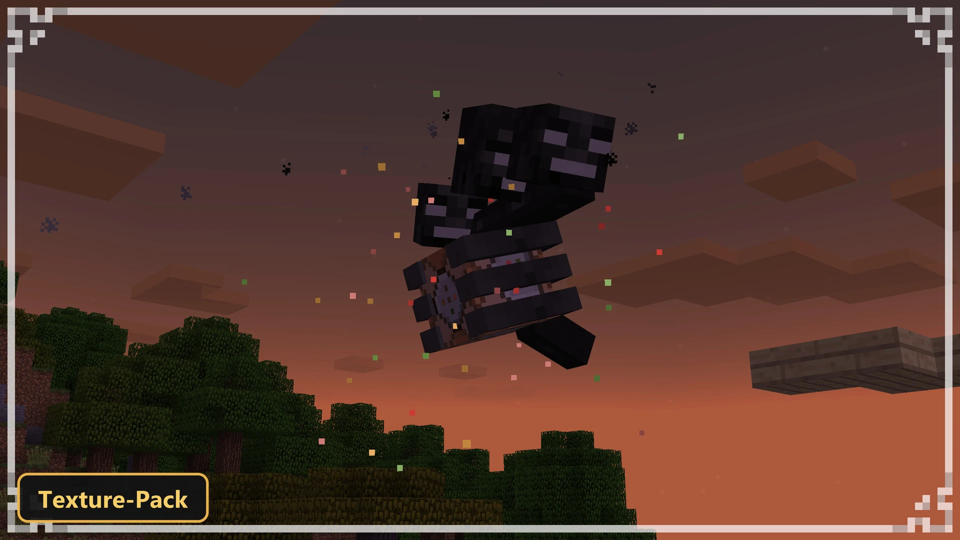 Wither boss flying at sunset over a forest biome