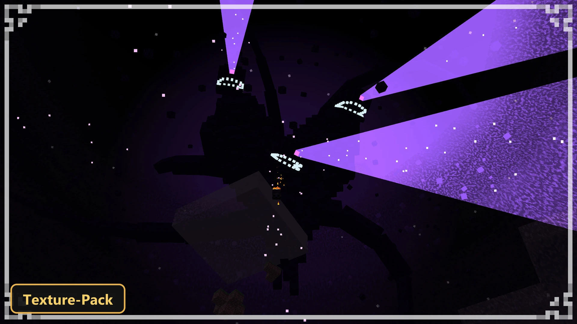 Wither boss in a dark void, firing multiple purple beams