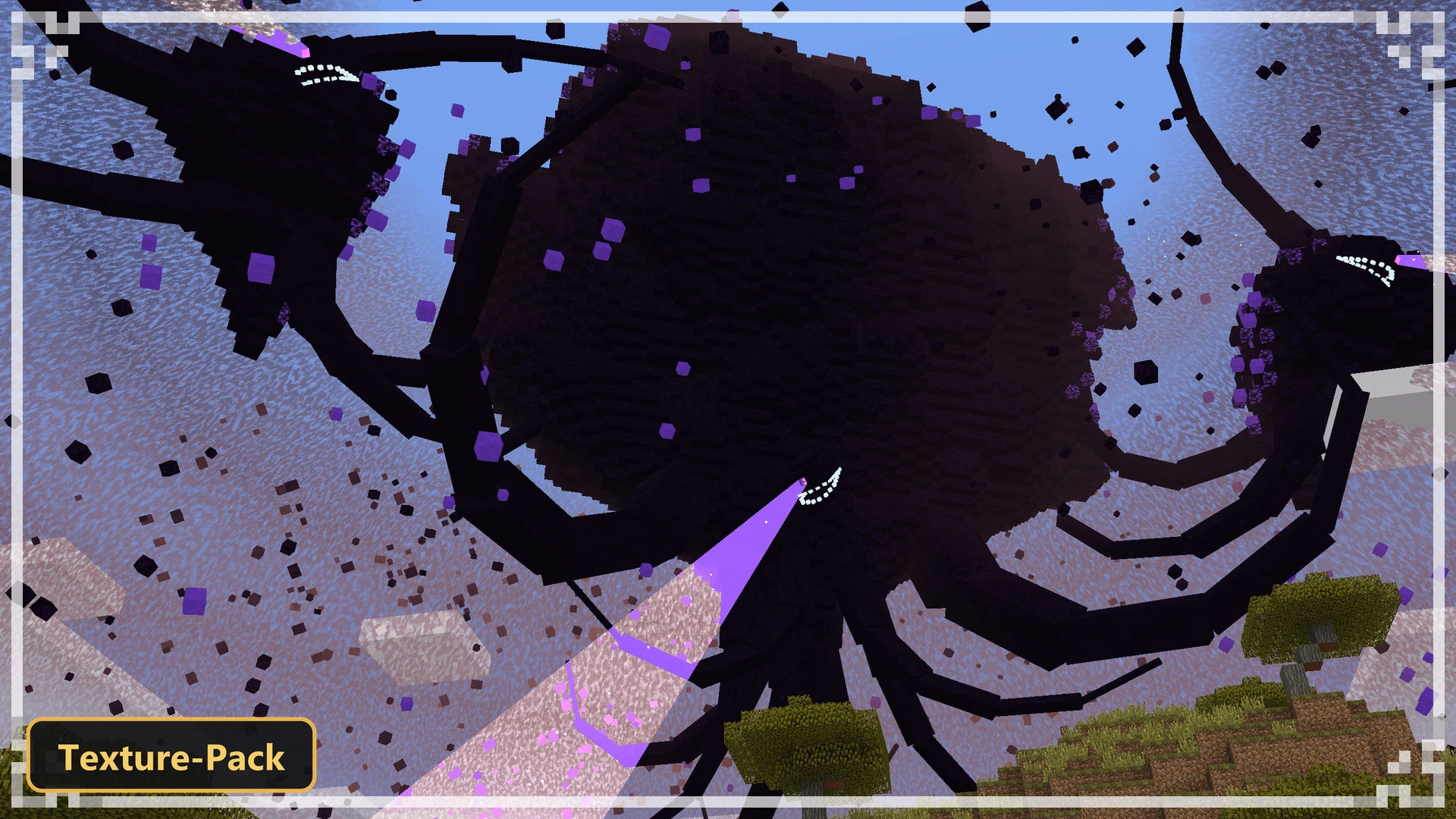 Wither boss in a bright sky, firing a purple beam