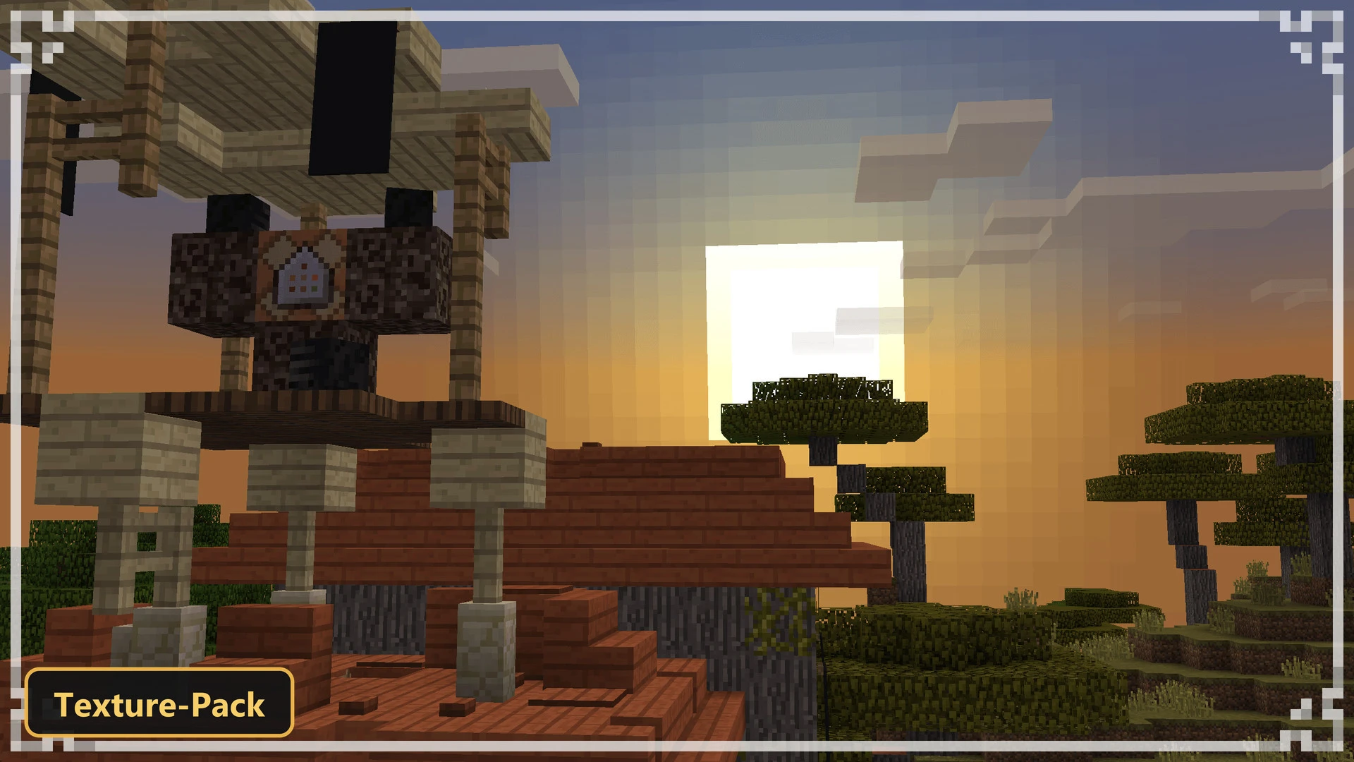 Savanna village at sunset with a command block on a tower