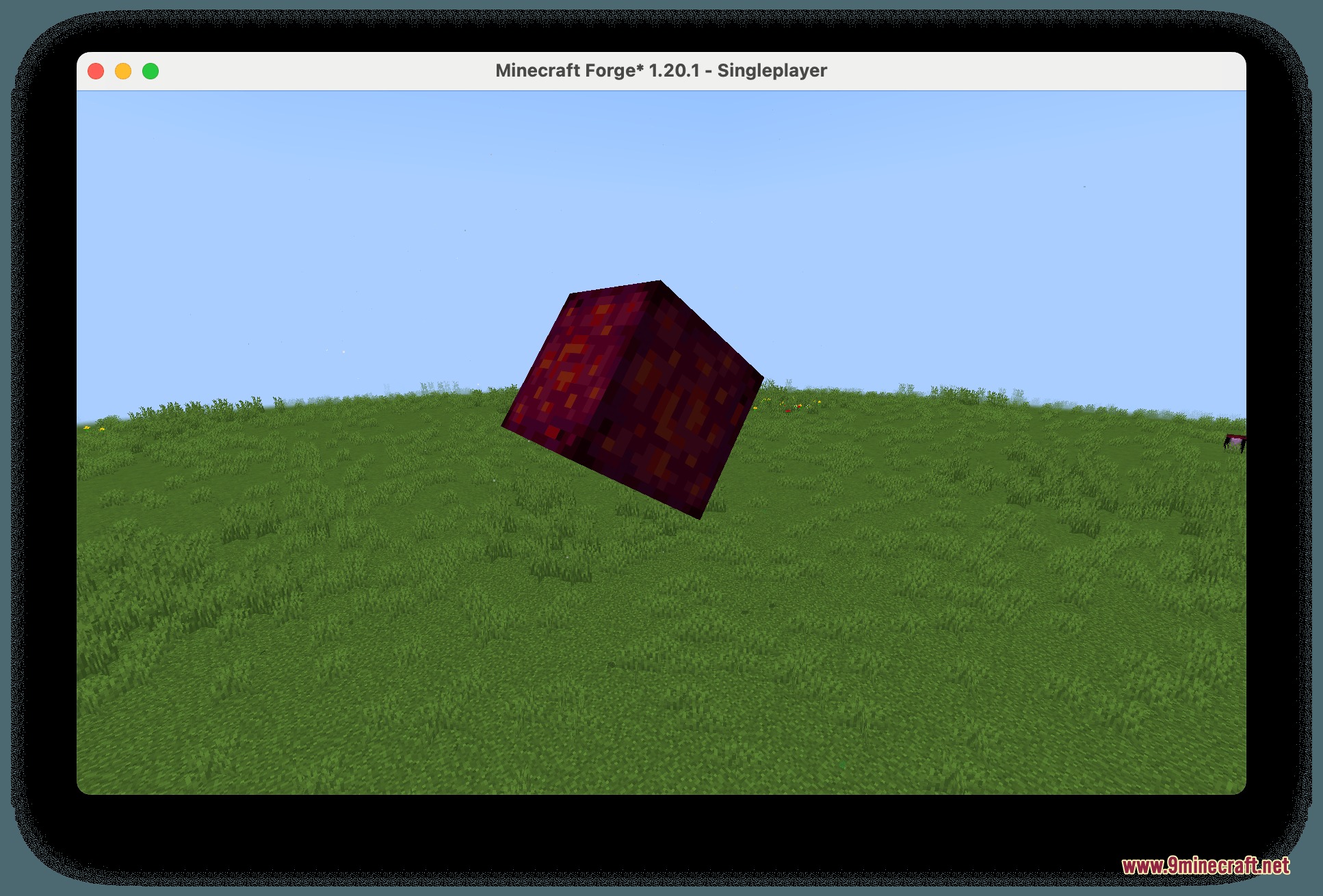Calamity Royale Mod Screenshot 2 A single volcanic block floating above a grassy field in Minecraft