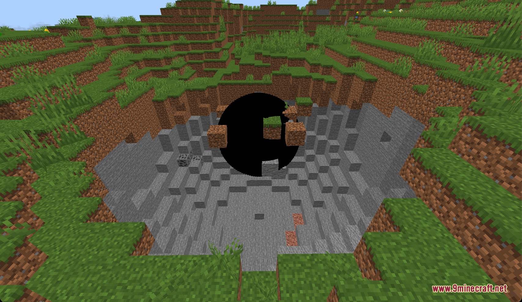 Calamity Royale Mod Screenshot 8 A mysterious black hole anomaly floating inside a crater pulling in dirt blocks