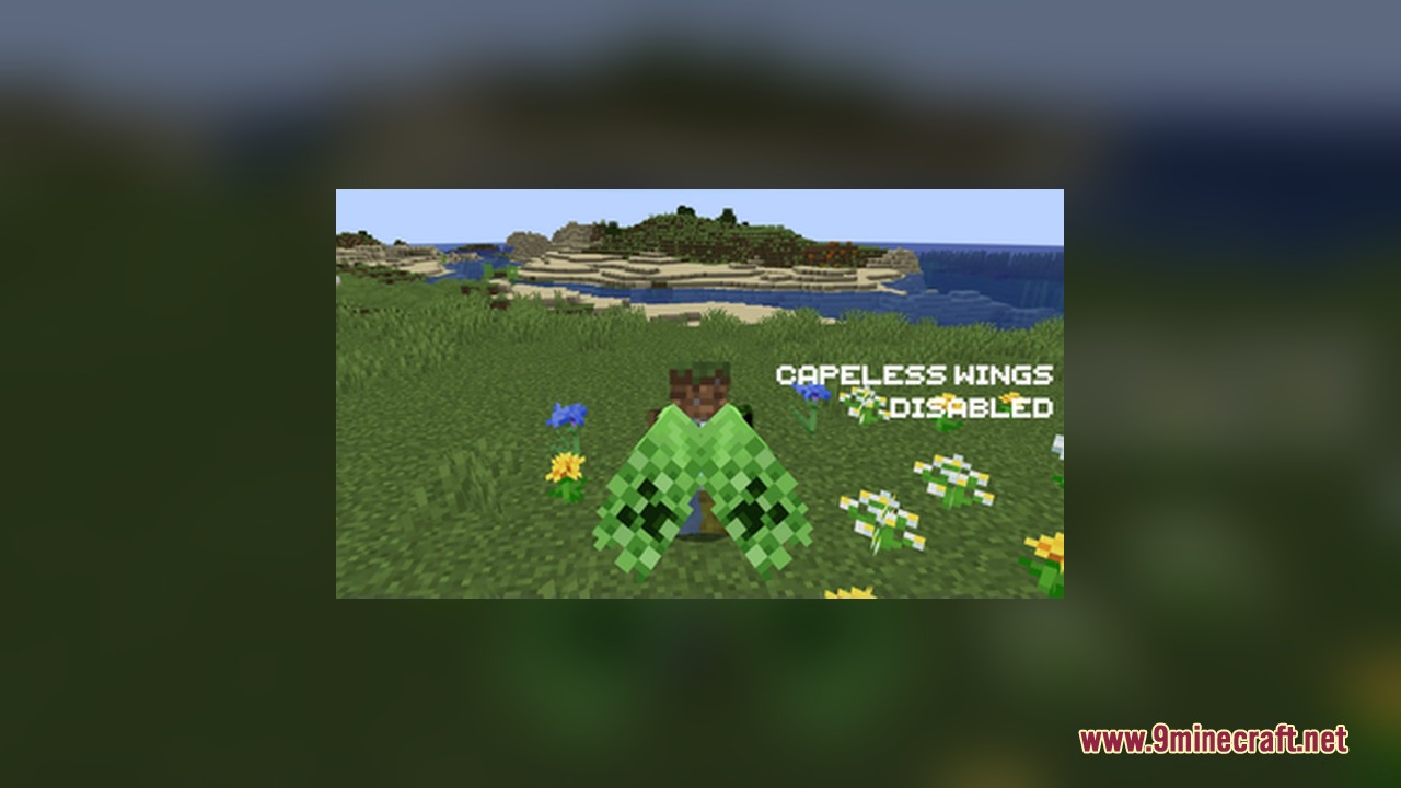 Minecraft player wearing green creeper patterned elytra wings in a grassy field