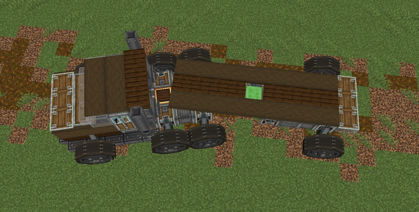 Top down view of a mechanical truck with a trailer in Minecraft