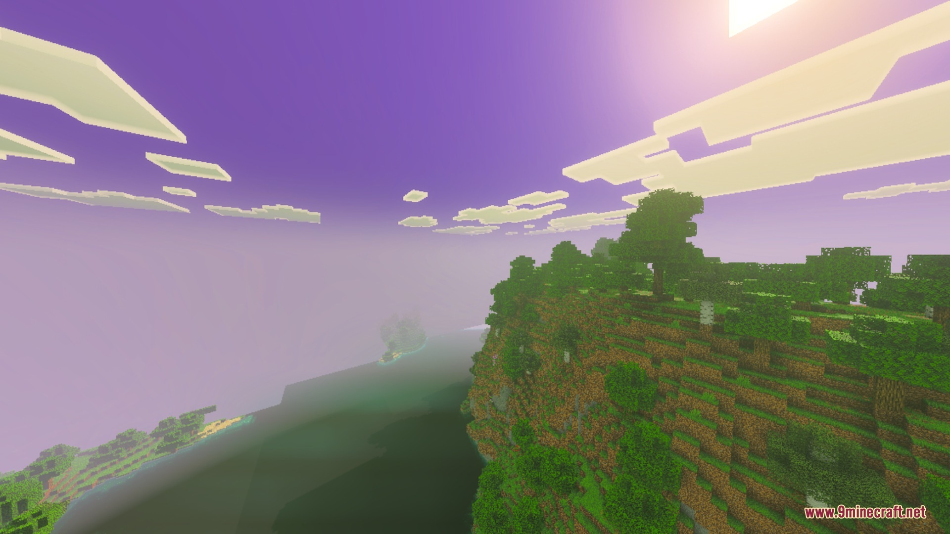 CartoonGlow Shaders Screenshot 1 A scenic view of green cliffs under a vibrant purple pastel fantasy sky