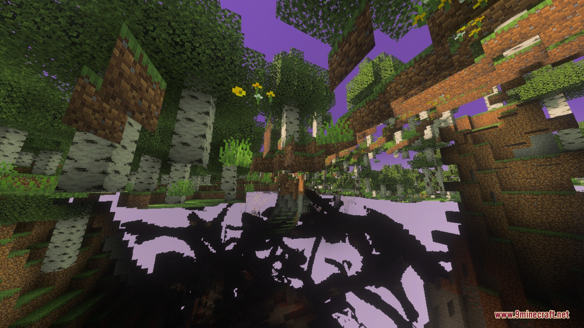 CartoonGlow Shaders Screenshot 2 Birch trees and flowers seen from below floating terrain under a purple sky