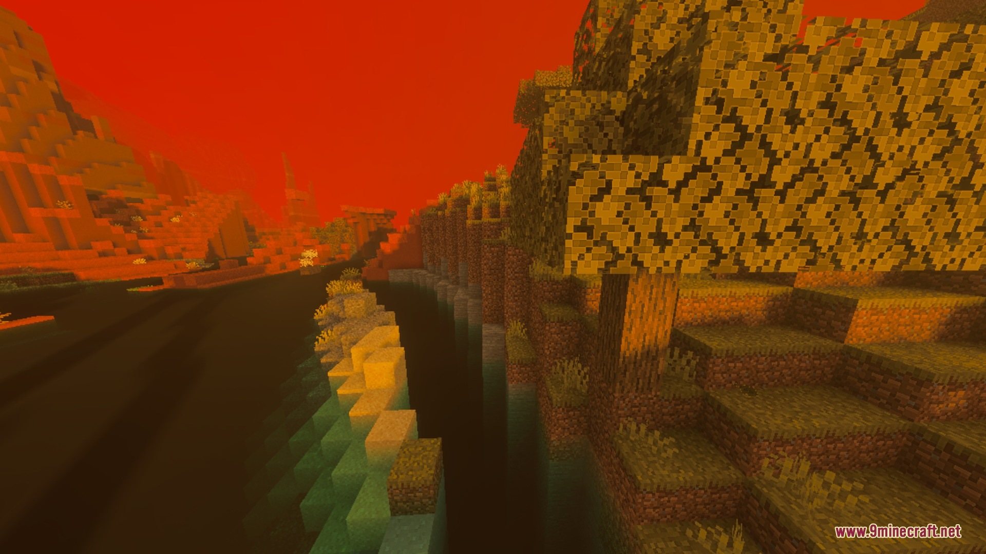 CartoonGlow Shaders Screenshot 3 A glowing river flows past a tree under a vibrant orange sunset sky